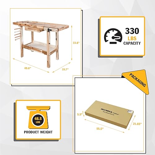 Miniatura 4 de Olympia Tools 48-Inch Acacia Hardwood Workbench with Drawer - 330lbs Weight Capacity Heavy Duty Portable Wood Work Bench Table for Garage, Workshop,