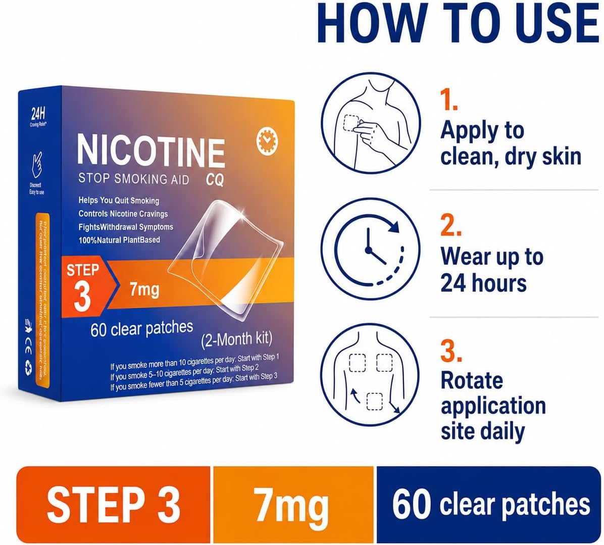 Nicotine Patches to Help Quit Smoking (Step 3) | 7mg, 60 Counts | Strong Adhesion, All Skin Type 24-Hour Transdermal Nicotine System