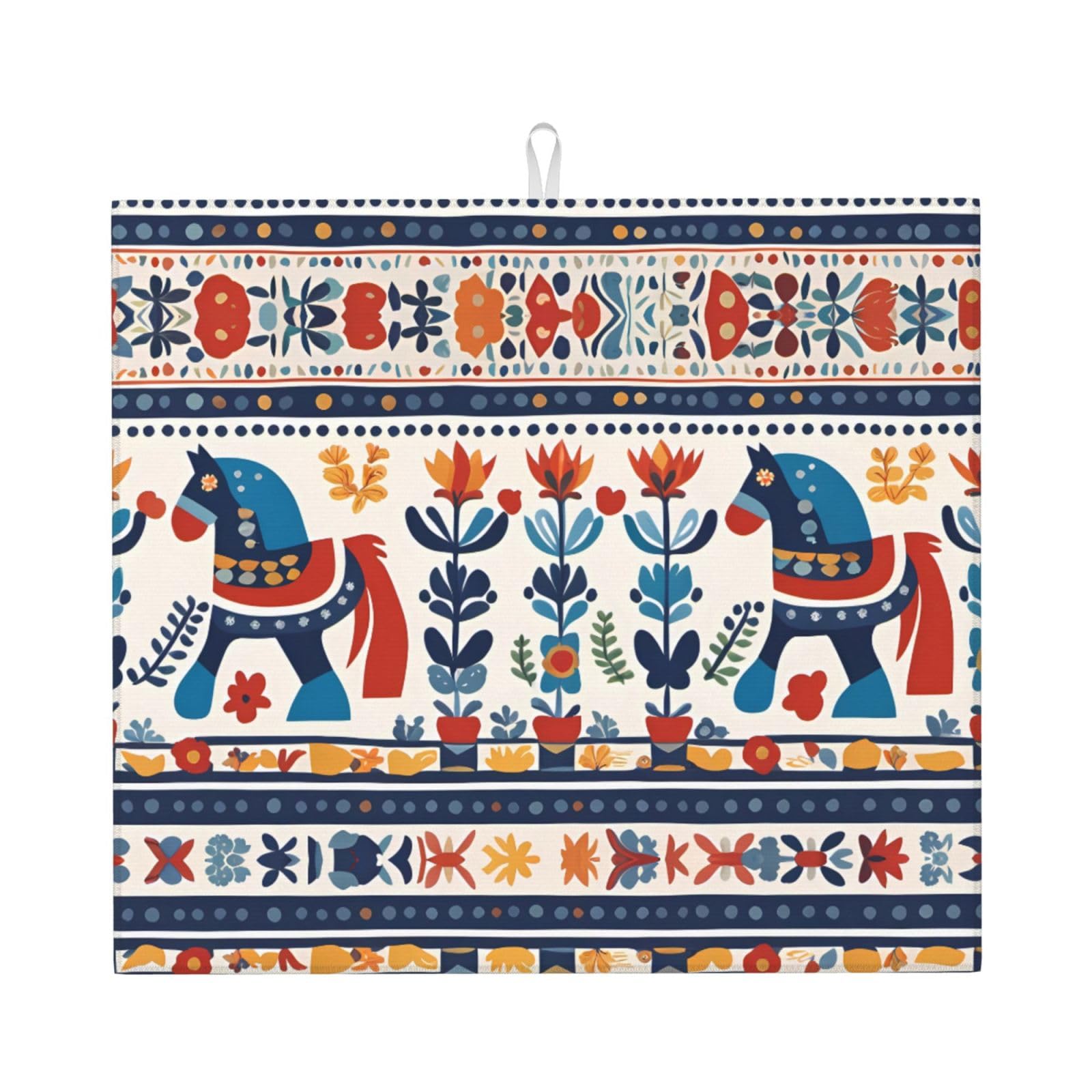 Yyhwhjde Black Swedish Dala Horse Folk Prints Kitchen Drying Mat – Absorbent Dish Throw For Countertop, Non-Slip Quick-Dry Layer With Vibrant Prints, Ideal For New Home Gift