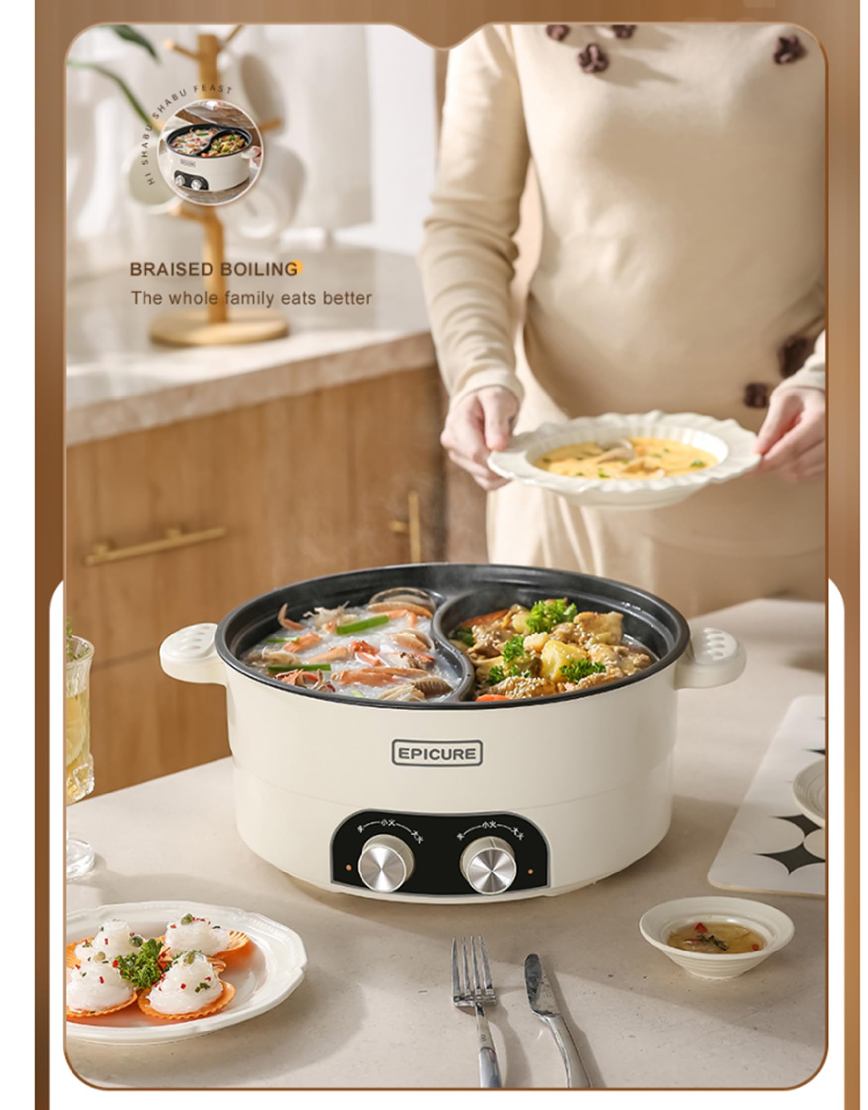 Cazuela eléctrica, Cocina y olla lenta, olla eléctrica multifuncional caliente, máquina de fondue china de dos sabores, con enchufe europeo (6.5L)