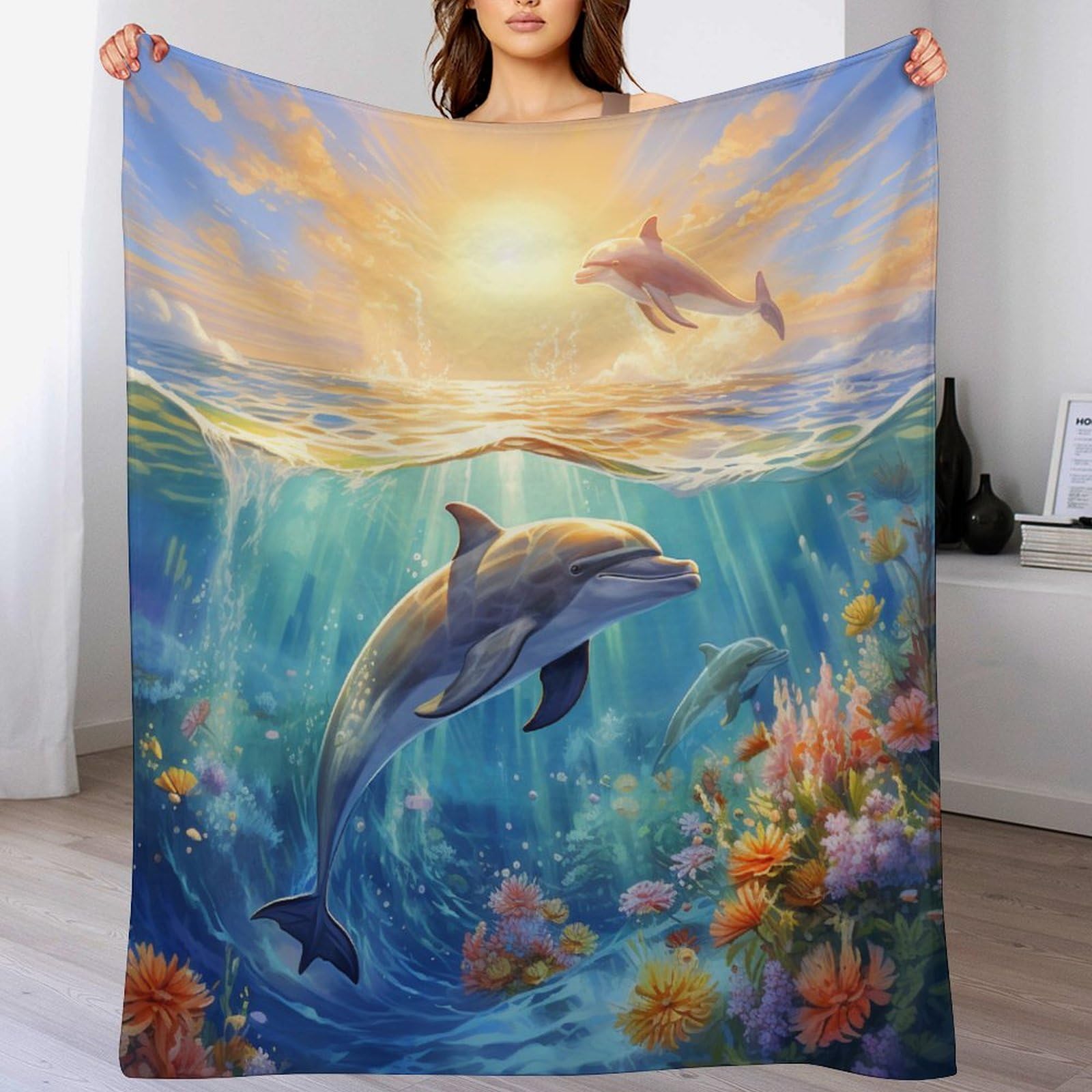 Plaid dauphin en flanelle polaire 100x130 cm pour lit et canapé