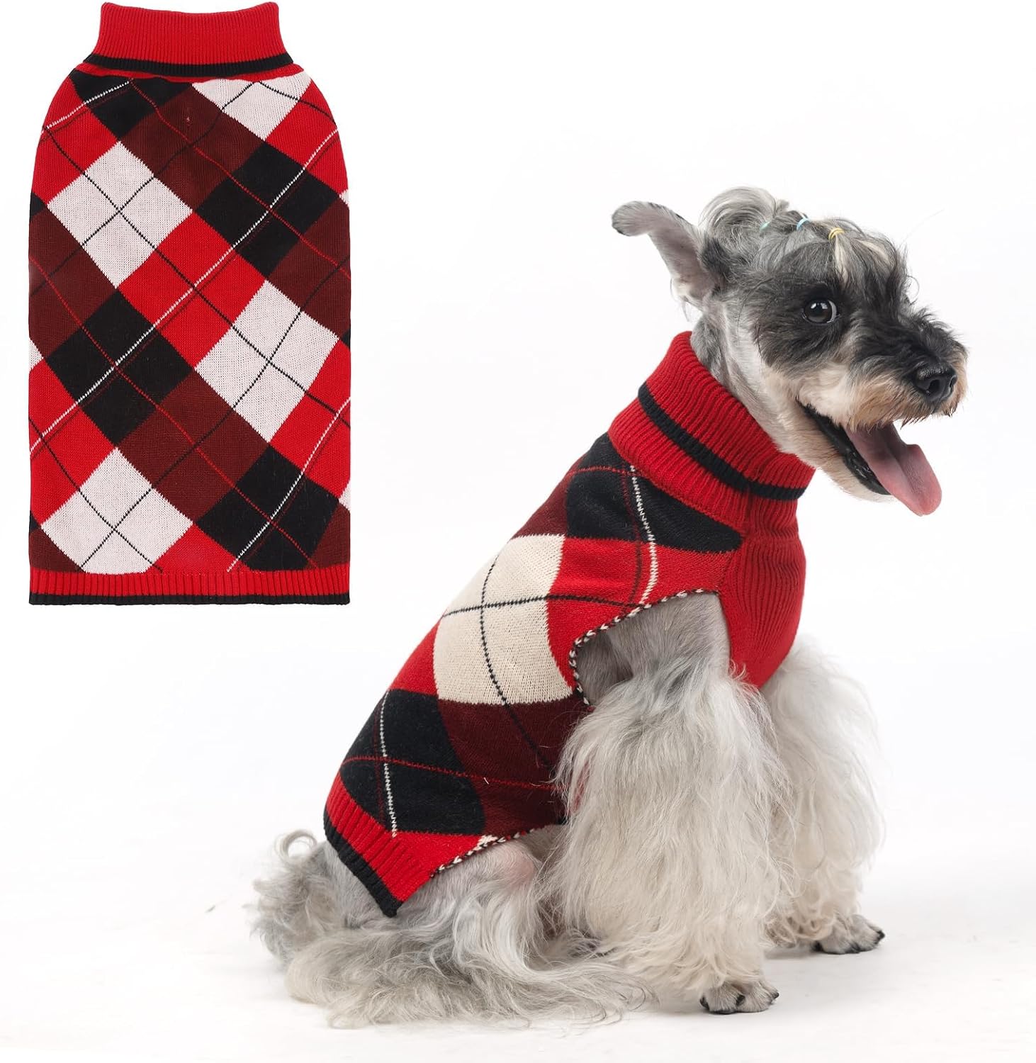 KOOLTAIL Dog Sweater Pet Knitted Clothes-Classic Plaid Pullover Turtleneck Red Fleece Dog Christmas Sweaters with Leash Hole, Thick Warm Dog Winter Clothes for Small Medium Large Dogs Cats Puppy, ML Medium/Large Red2