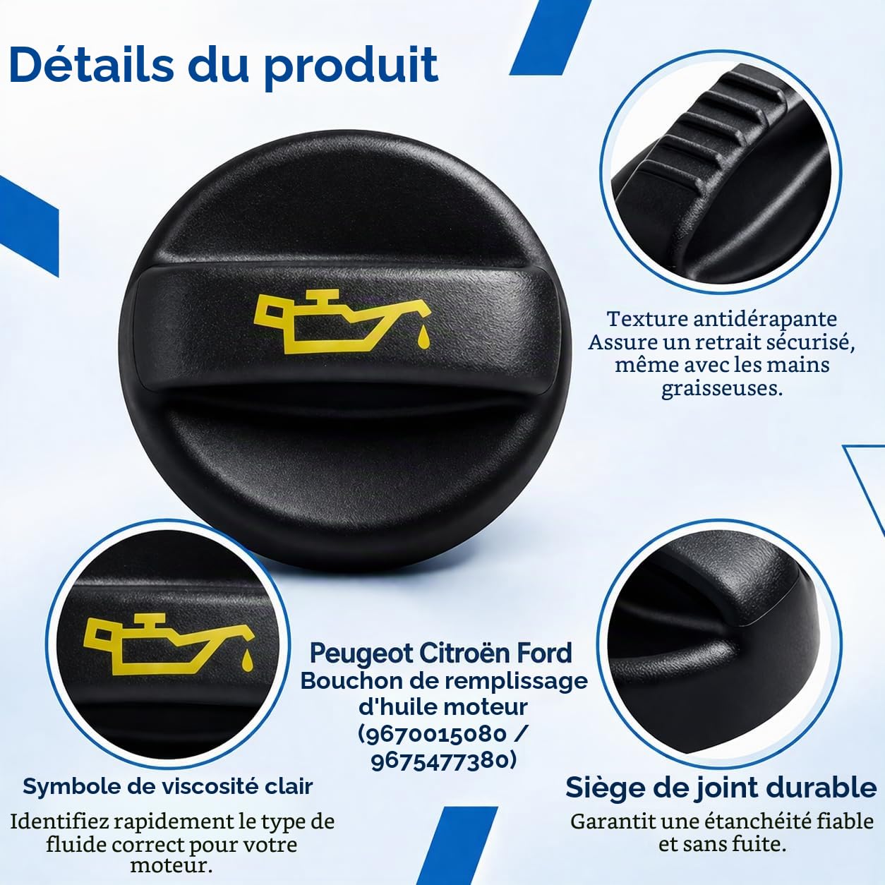Bouchon Huile Moteur Pour Peugeot,Citroën Remplace OEM 670015080 9675477380 | ABS robuste, pour Peugeot 208 308 508 2008 3008 & Citroën C2 C3 C4, Installation facile, Compatible Peugeot & Citroën