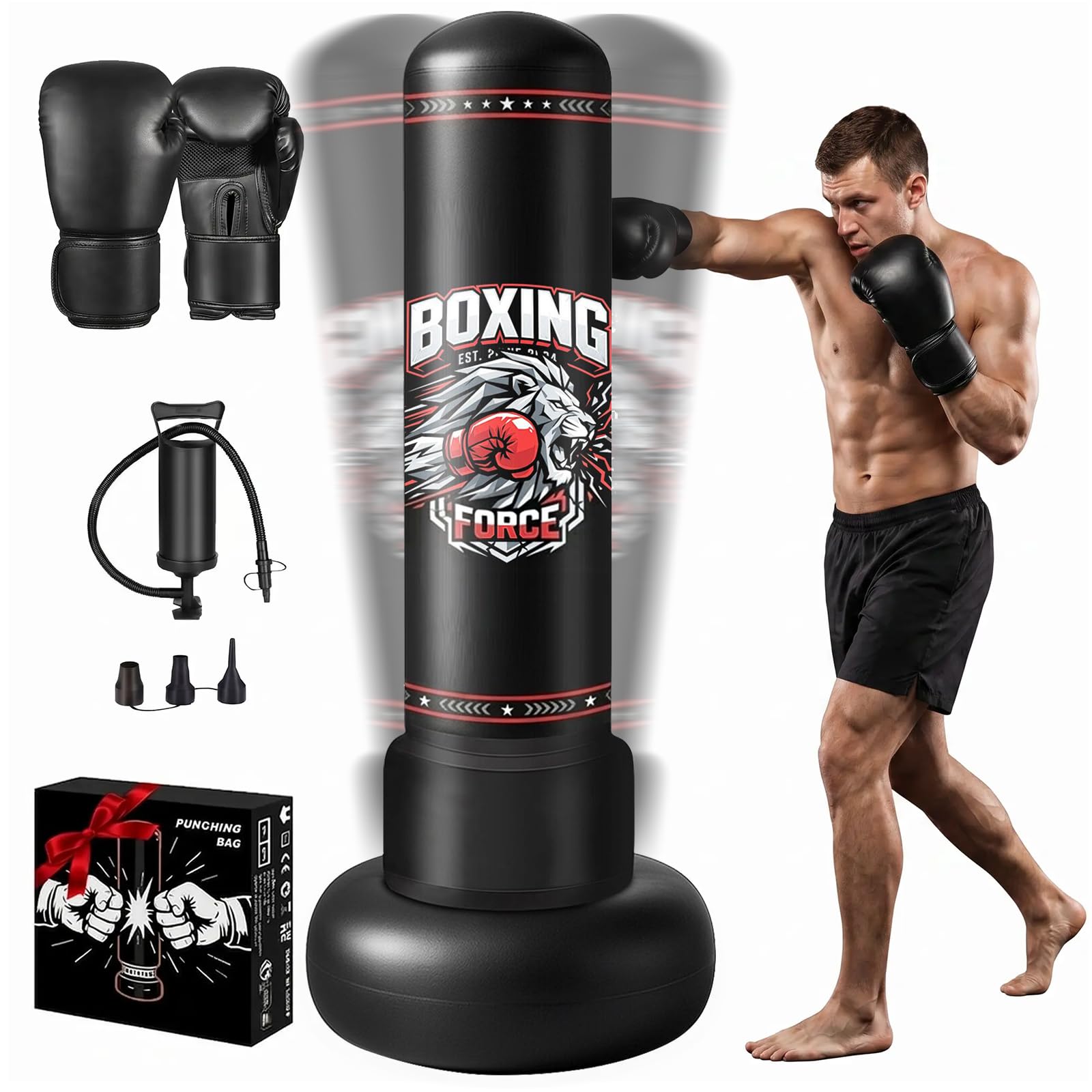 Qoosea Sacco da Boxe da Terra 190cm, Stabile Sacco da Boxe per Adulti Pungiball con Guantoni e Pompa, Sacchi da Box Gonfiabile per Pratica di TaekwondoKarate MMA Fitness