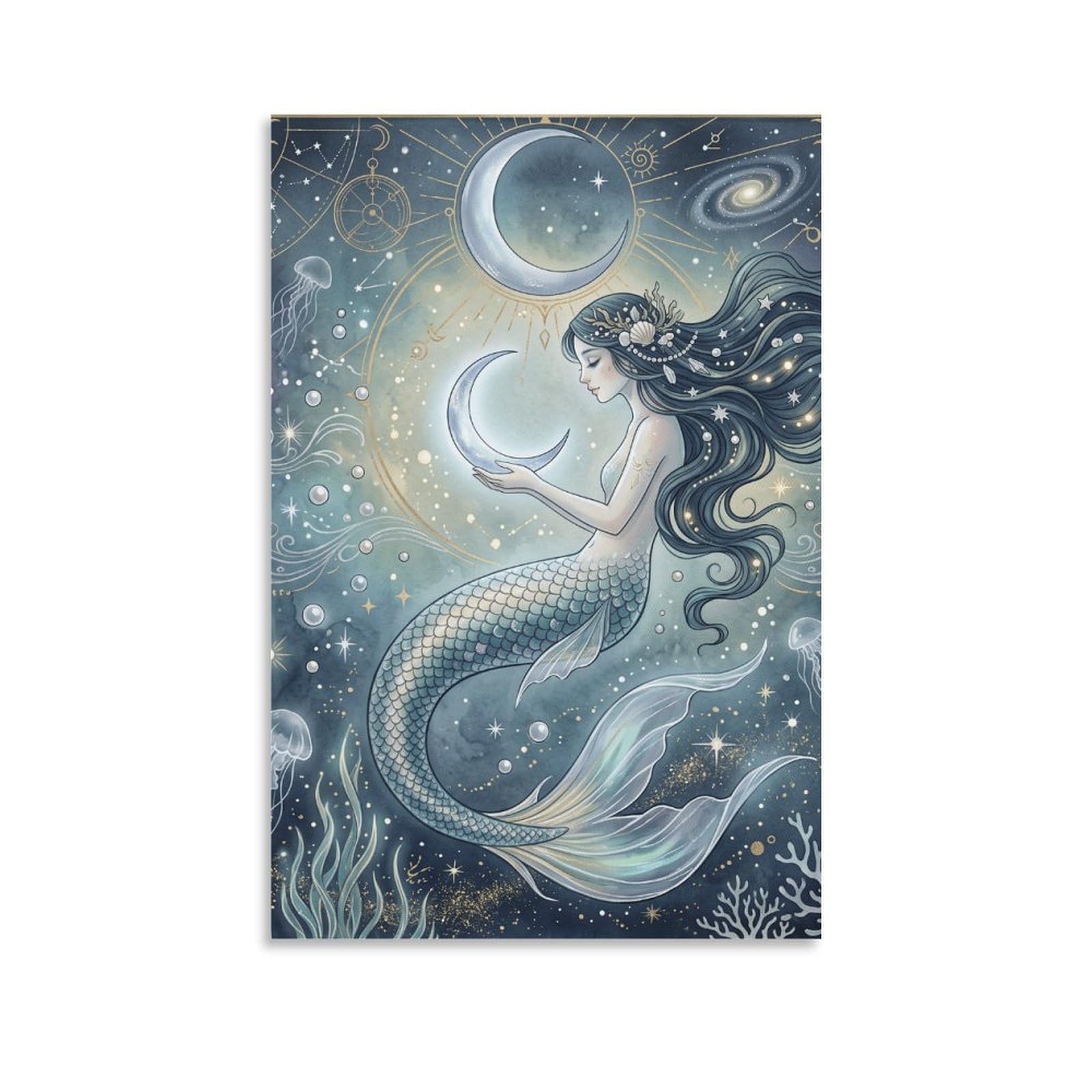 W7C8U2X3 Moon Mermaid Cosmic Ocean Canvas Wall Art, Celestial Mermaid