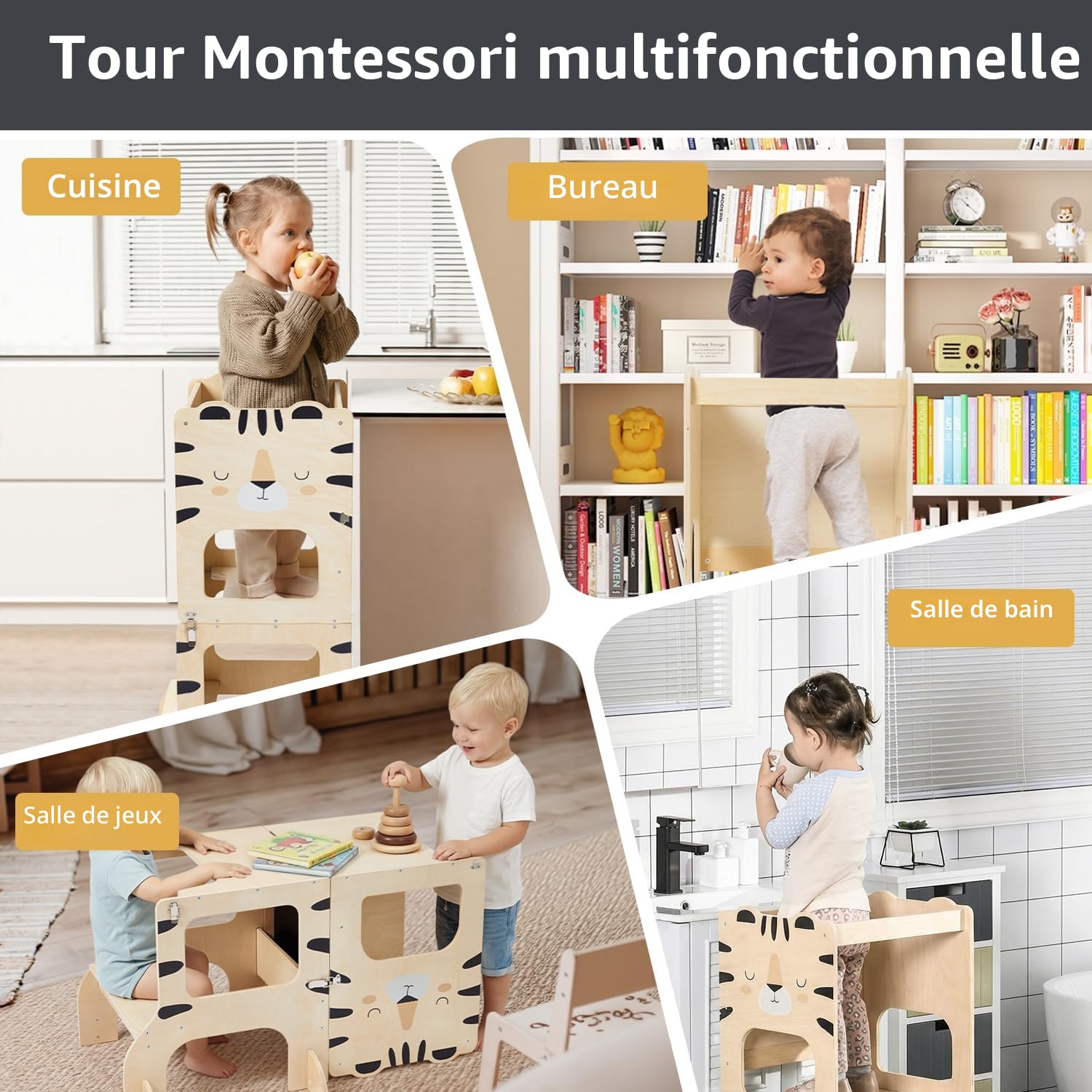 Labebe Tour d'Observation Enfant Pliable Montessori Learning Tower 3 en 1 avec Tableau à Dessin - Tigre