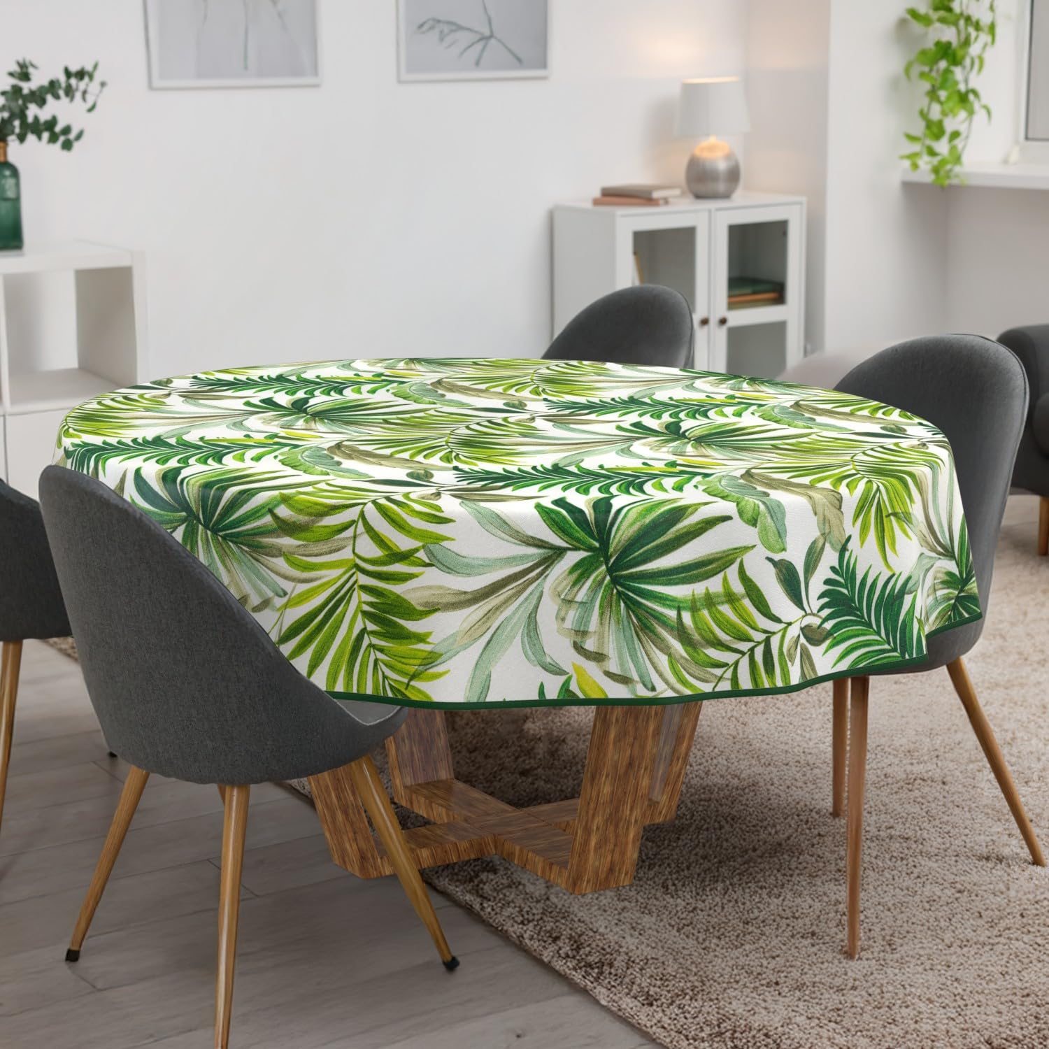 ANRO Tischdecke abwaschbar Palmen Rund 140 cm – wasserabweisend Indoor Outdoor, Lotuseffekt, mit Saum