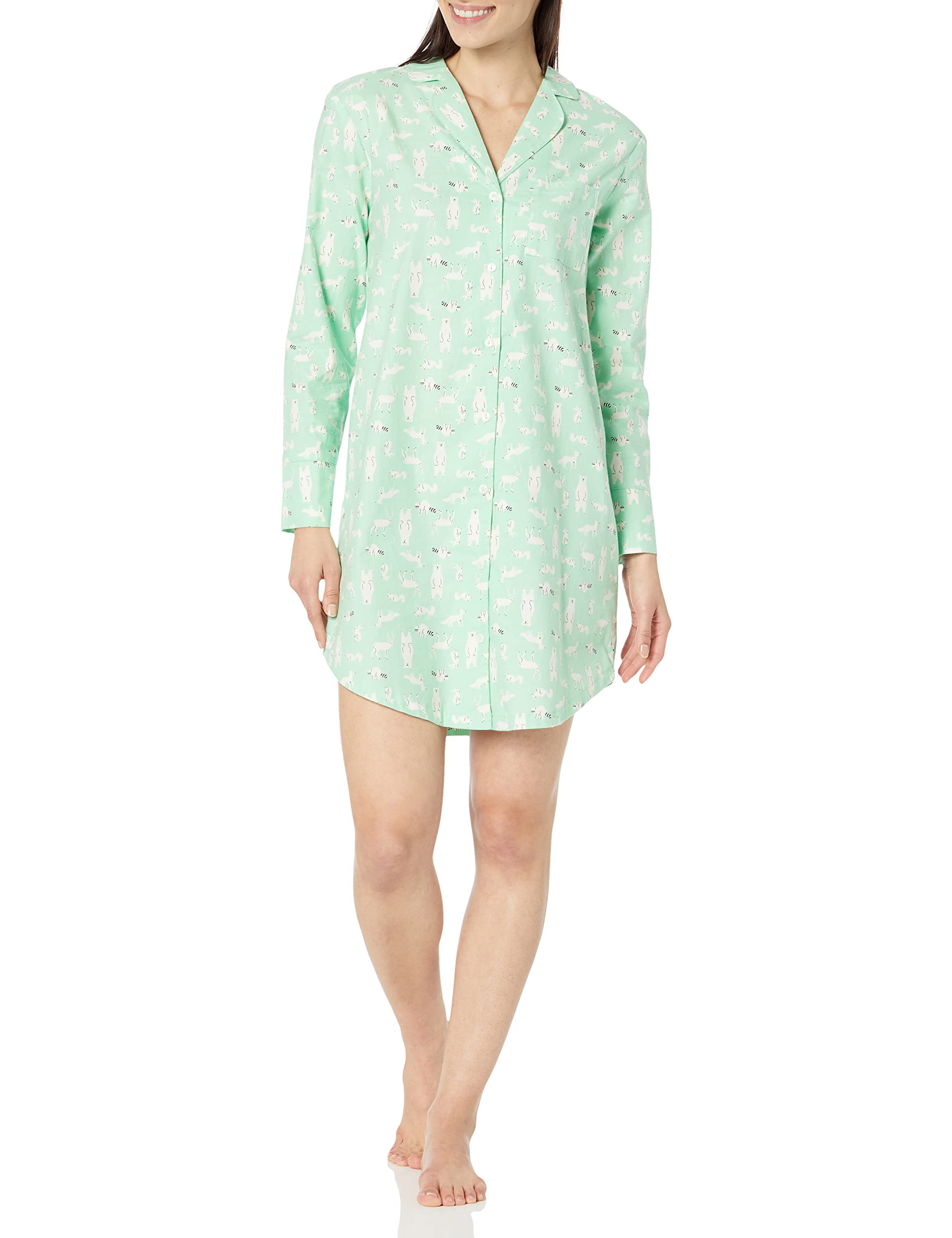 Amazon Essentials Women's Woven Flannel Notch Collar Nightgown (Available in Plus Size), Mint Green Forest Animals, XX-Large