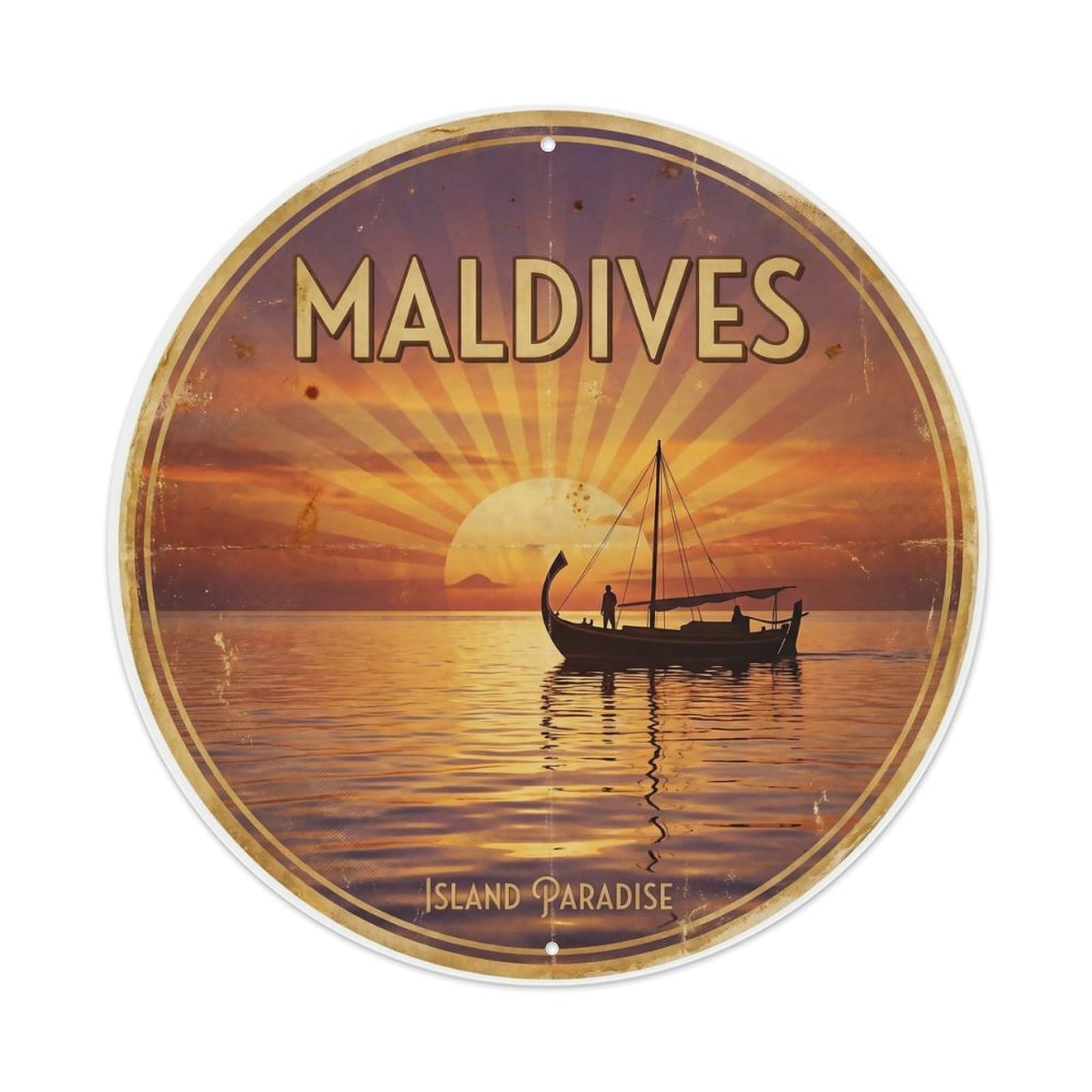 Odgynaw 8X8inch(20X20cm) Maldives Dhoni Boat Sunset Seaplane Travel Island Metal Tin Sign