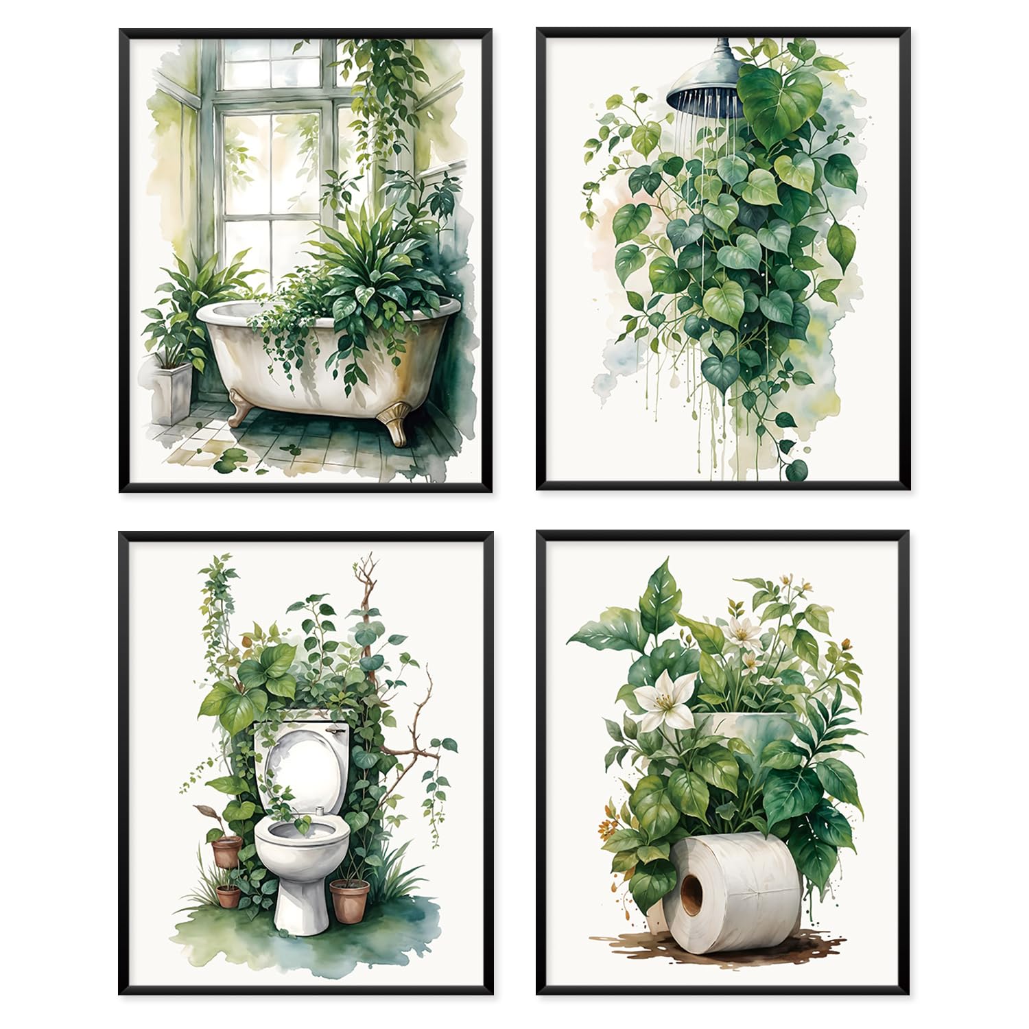 Set di 4 stampe artistiche da parete per bagno, senza cornice, motivo botanico, con piante rustiche, decorazione da parete per bagno, bagno, bagno, 30,5 x 40,6 cm