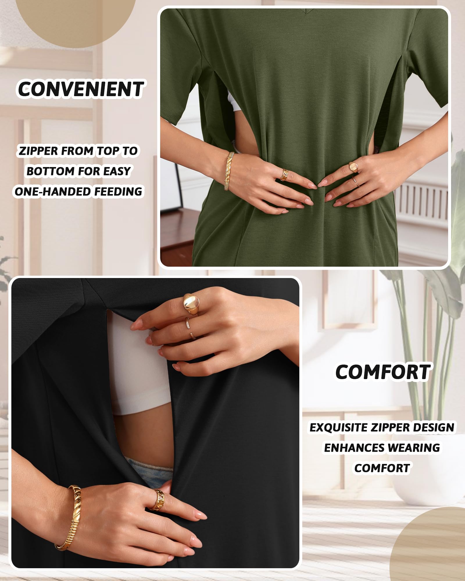 Xuniea Confezione da 3 Camicie da Allattamento Oversize da Donna per L'Allattamento al Seno con Cerniere Nascoste, vestibilità Ampia, Maniche Corte, Top Premaman