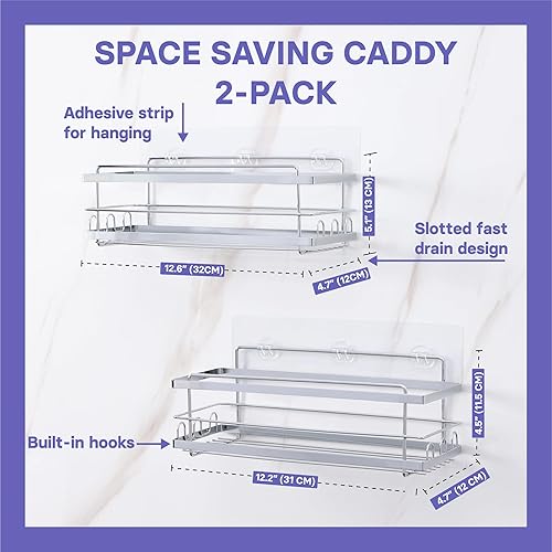 Miniatura 6 de KINCMAX Organizador de ducha con 4 ganchos, acero inoxidable 304, 1 estante, montaje adhesivo, fácil de instalar, drenaje rápido, soporta 20 libras,