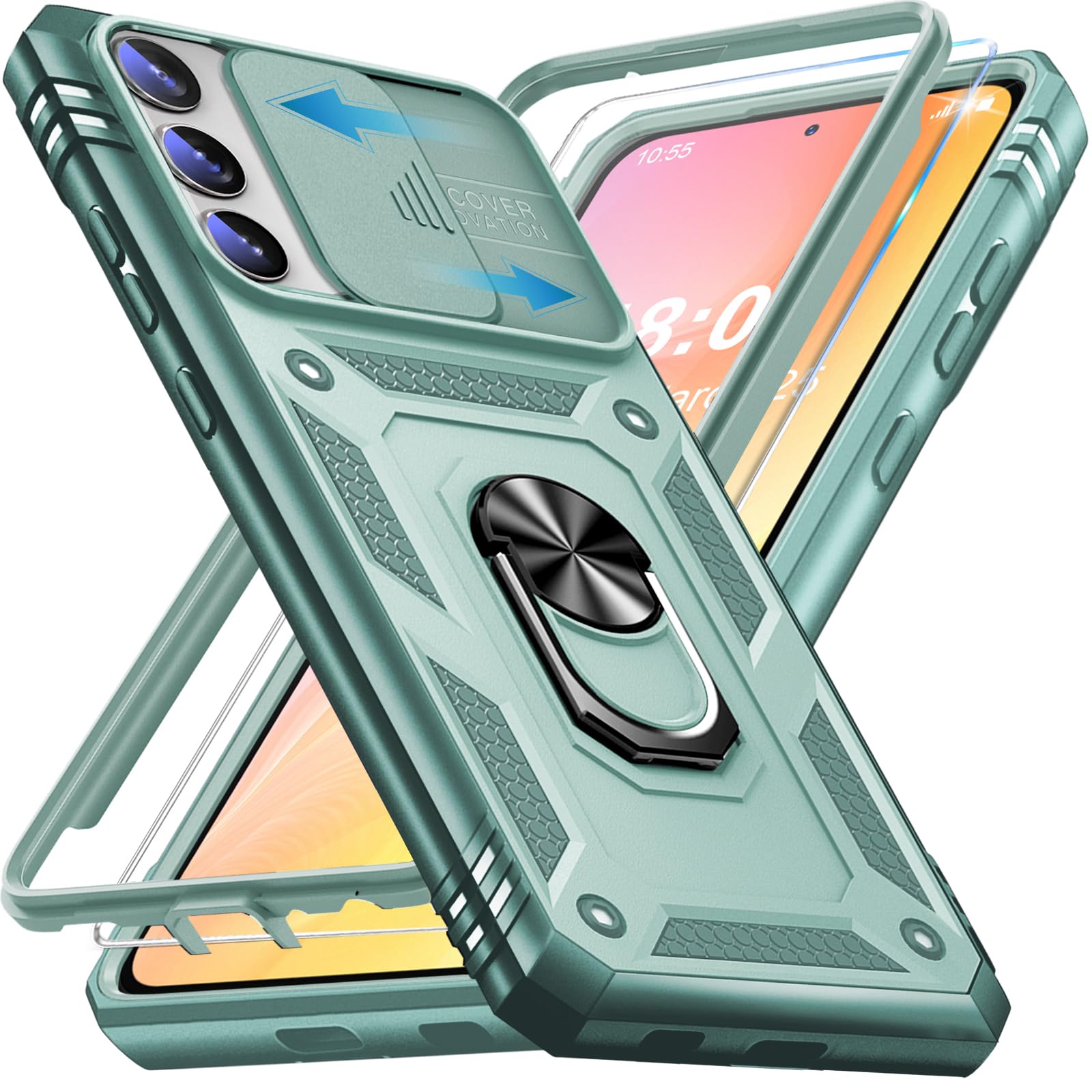 Handyhülle für Samsung Galaxy S23 Plus 5G Hülle mit Schutzfolie, Galaxy S23 Plus 5G Schutzhülle mit Kameraschutz 360° Drehbarer Metall Ring Ständer Stoßfest Bumper S23 Plus 6.6" Case Cover (Mintgrün)