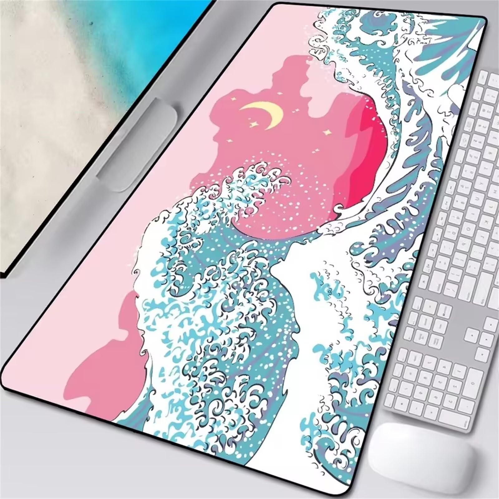 Tapis de Souris XXL Gaming 800 x 400 x 3mm, Grand Mouse Pad Ondes Lunaires, Tapis de Bureau Antidérapant avec Bords Cousus pour Clavier, PC et Maison