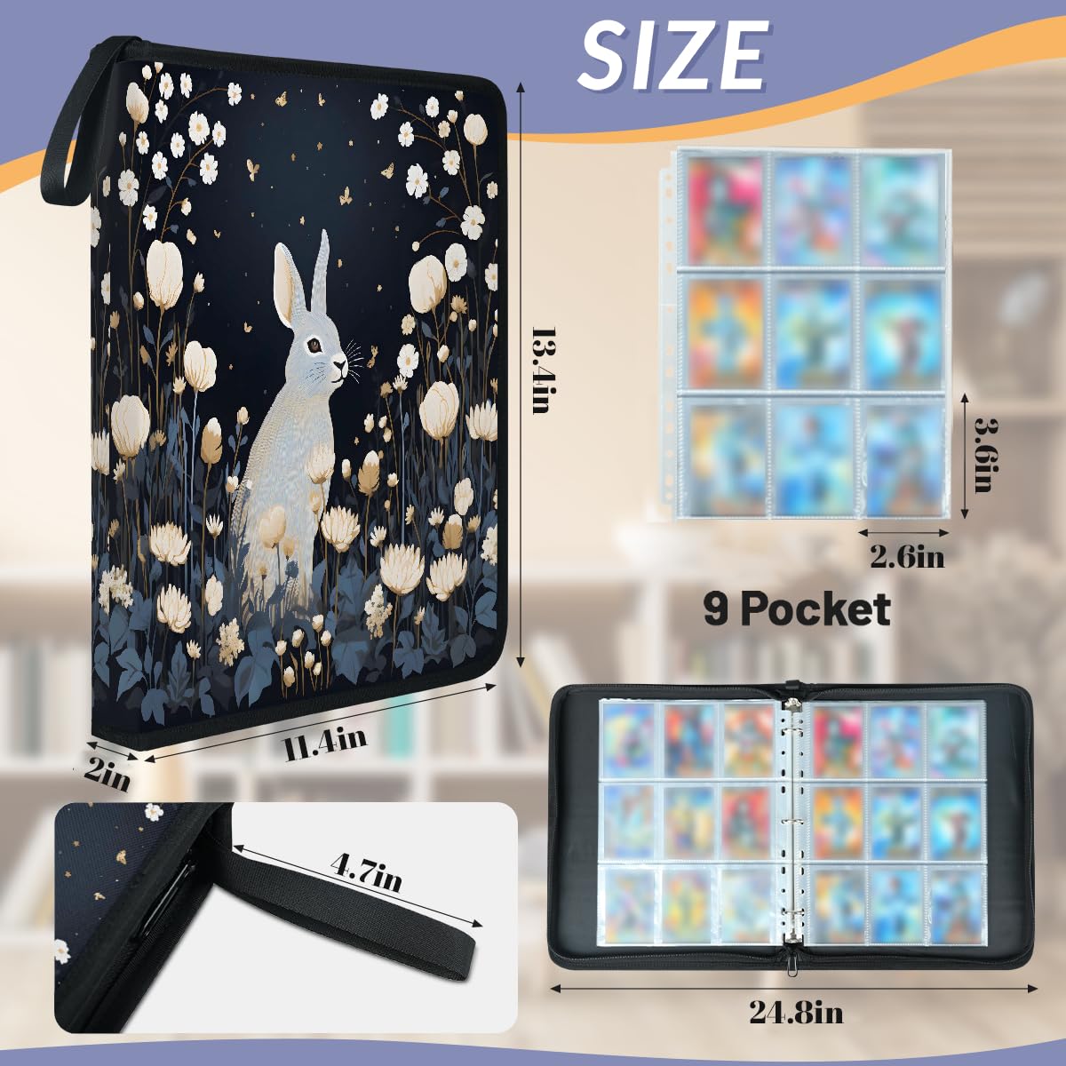 Raccoglitore per carte con 9 tasche, 900 tasche, con chiusura a cerniera (coniglio grigio fiore)