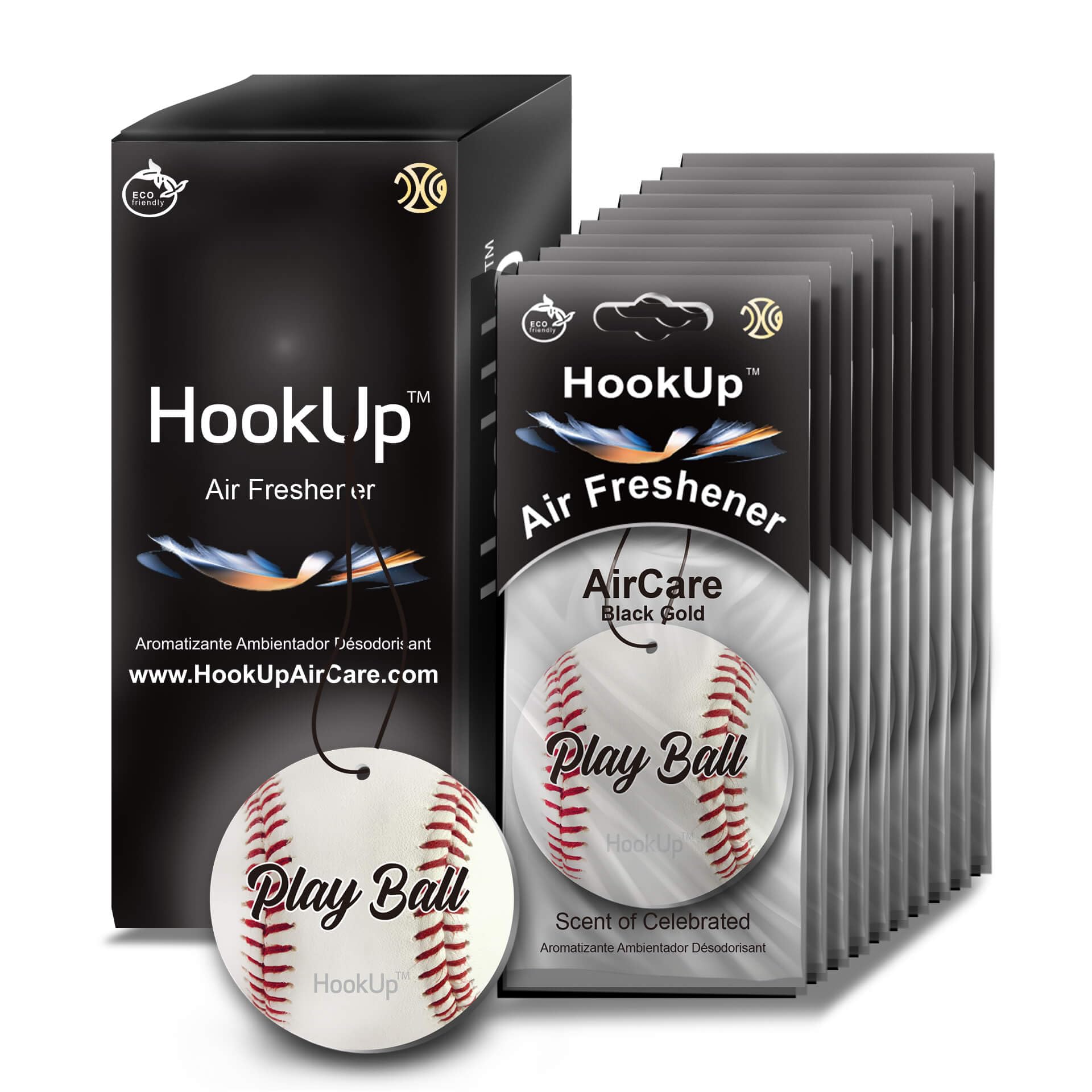 Baseball Car Air Freshener by HookUp - 10 Pack - Black Gold Scent (Extra Strong) | Unique Baseball Gift for Players, Coach, Fans | Hanging Car Accessory with Long Lasting Fresheners Smell