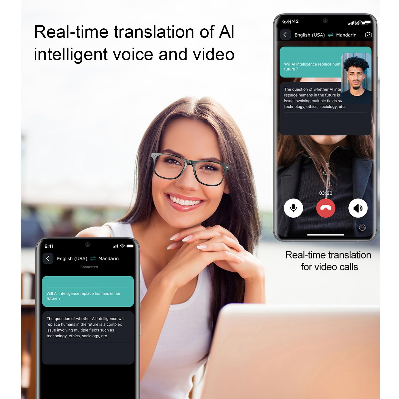 Smart Glasses, AI Bluetooth Glasses for Men Women with Speaker, 163 Languages Translation, Anti Blue Light Sunglasses, 10 Hours Music Play & Long Battery Life