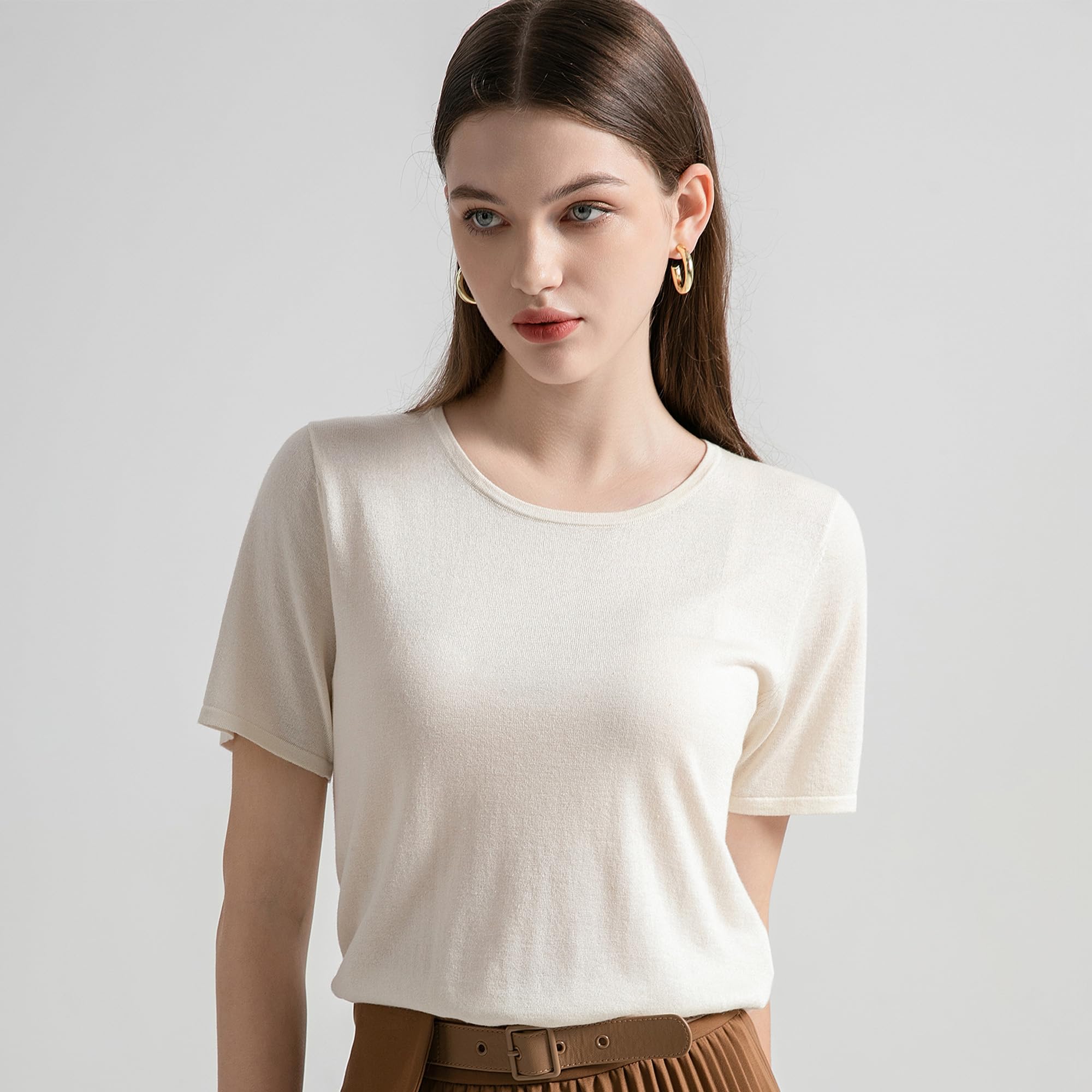 GreenMount Women's Silk Cashmere Round Neck T-Shirt Stretchy Basic Tee Summer Tops for Women