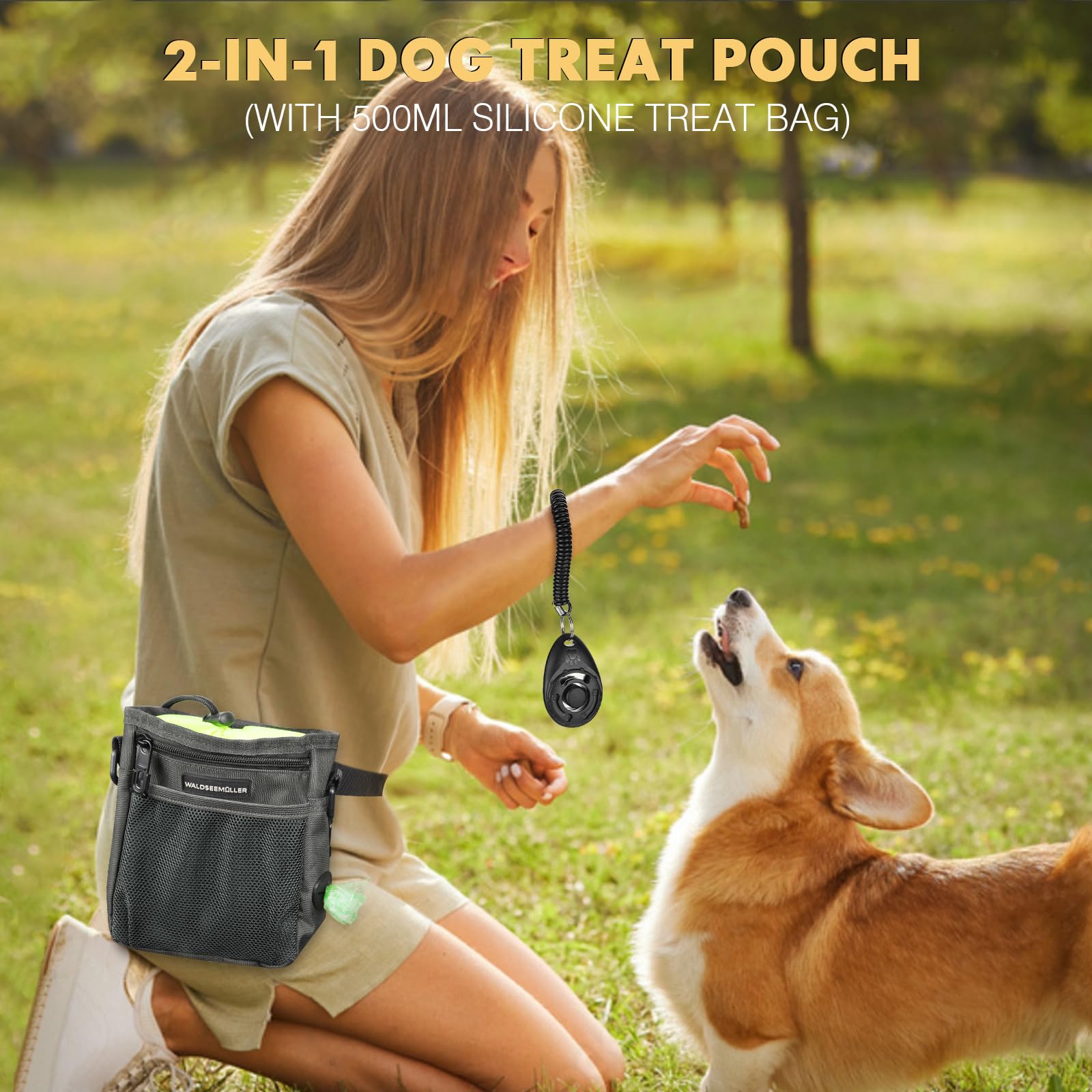 Waldseemüller Cane Snack Borsa, Borsa per Alimenti per Cani, Borsa Addestramento Cane Contenitore Cane Regolabile, Clicker di Addestramento, Sacchetto per Snack in Silicone
