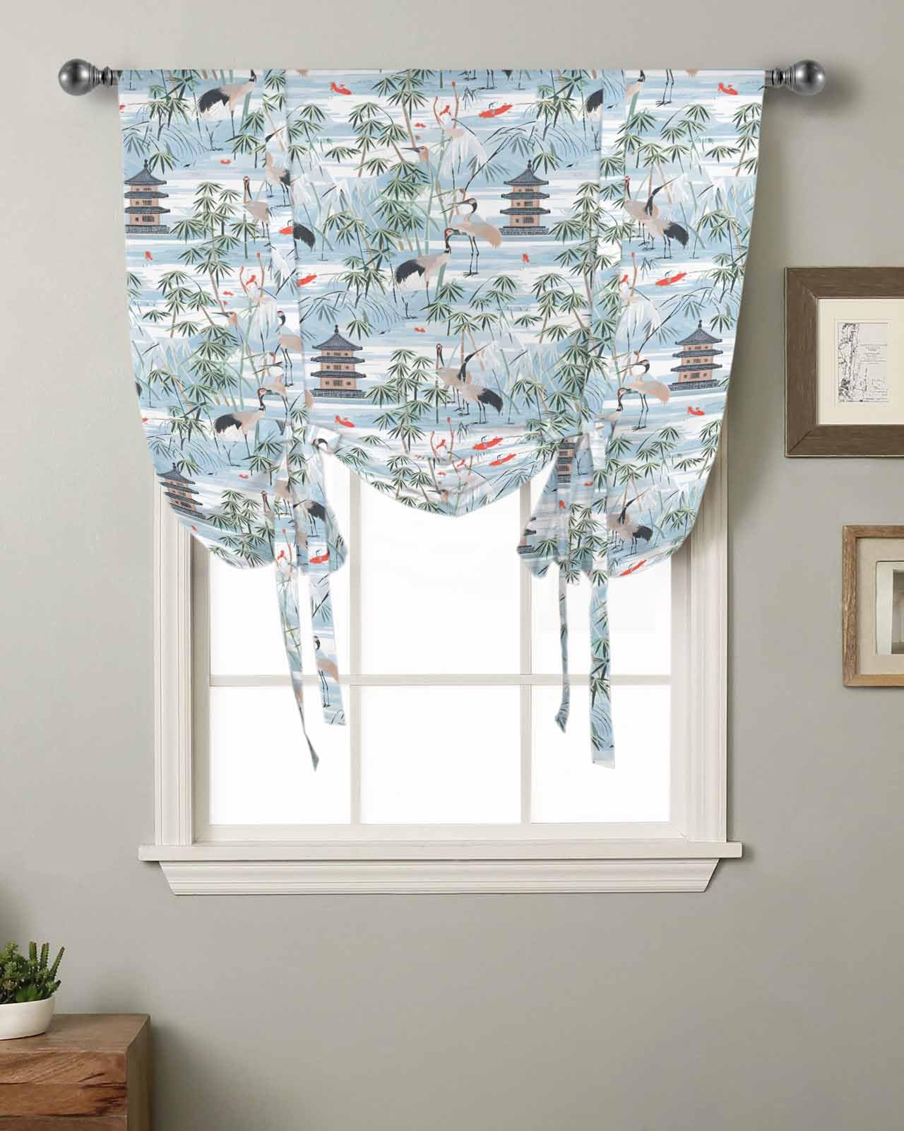 Tie Up Curtains for Kitchen Windows,Watercolor Chinese Style Plant Animal Adjustable Balloon Shade Curtain Panel Rod Pocket Drapes for Small Window Decor 34