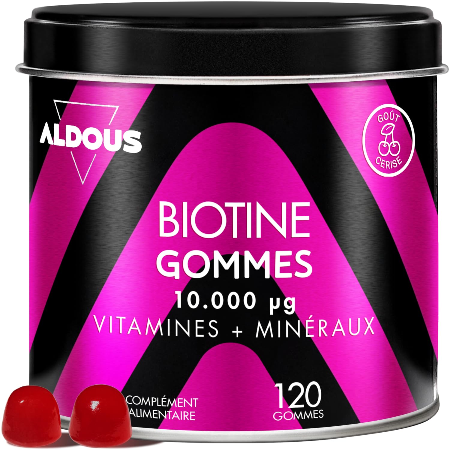 120 Gummies Pousse Cheveux - Goût Cerise - 10000 mcg Biotine Cheveux + 7 Vitamines, Acide Folique, Zinc, Sélénium, Iode - Complement Alimentaire Cheveux, Peau et Ongles - Gummies Cheveux Pour 4 Mois
