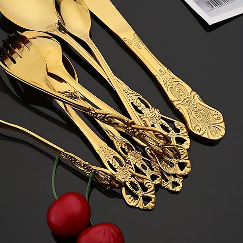 Miniatura 4 de JASHII Juego de cubiertos vintage de acero inoxidable 304 Royal Palace para 4 32 piezas con mango hueco vintage en relieve pulido en espejo apto