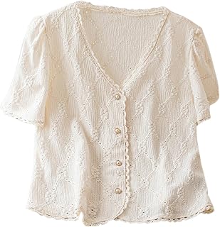 Cozyease Women's Floral Embroidered V-Neck Blouse - Frill Trim Puff Sleeve Button-Down Vacation Shirt