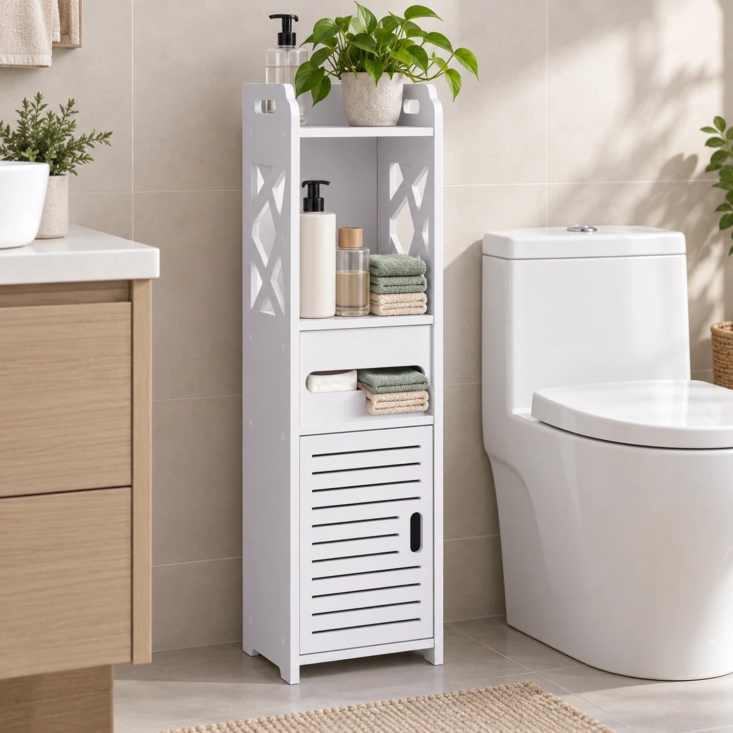 SS ARTS Small Bathroom Storage Corner Floor Cabinet, White