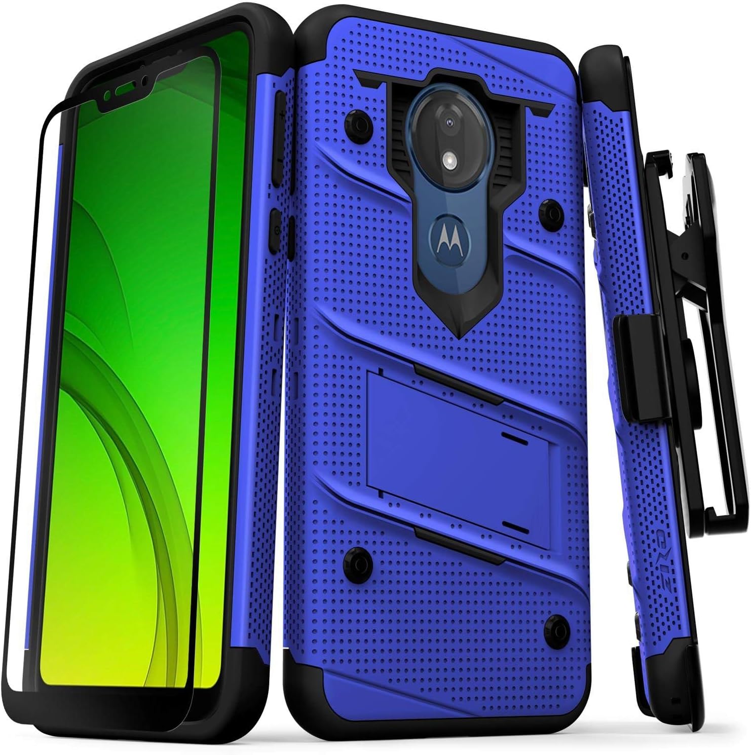 Zizo Bolt Series Compatible with Moto g7 Supra Case Military Grade Drop Tested with Full Glass Screen Protector Holster Kickstand g7 Power Blue Black