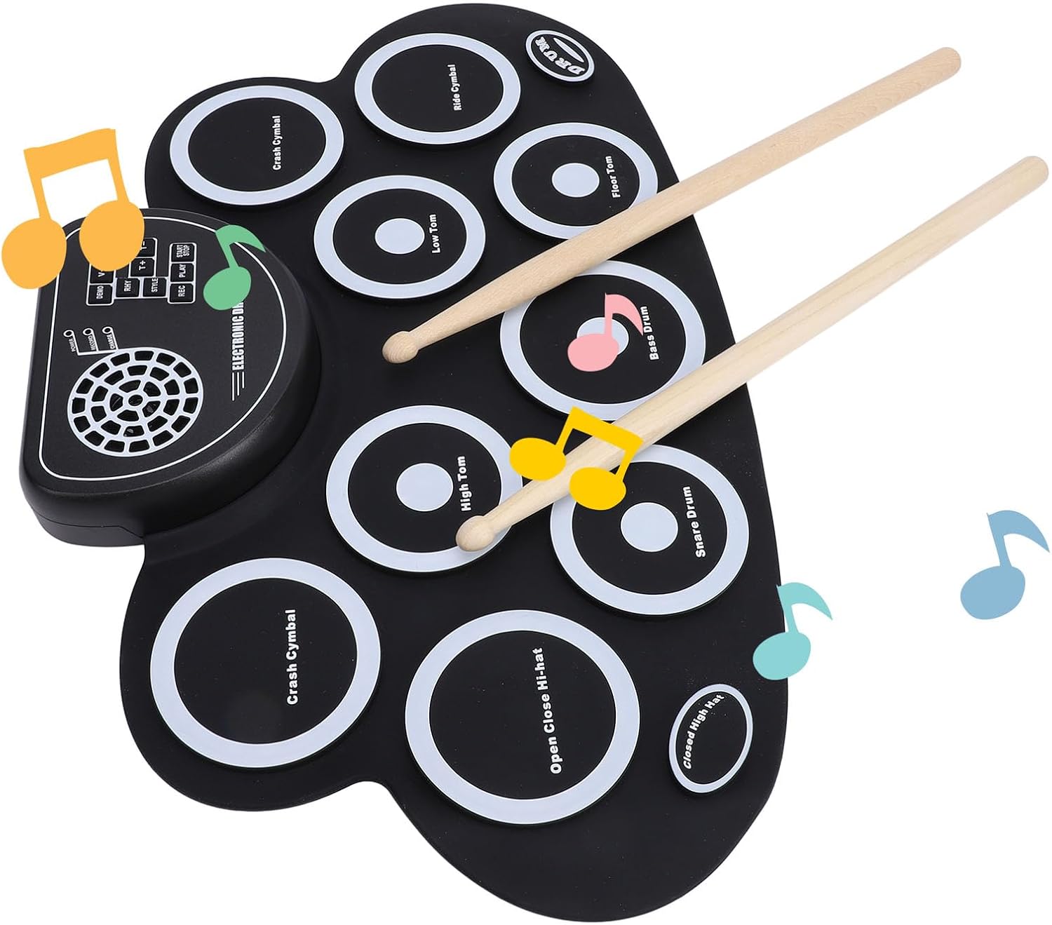 Electronic Drum Set, 9 Rolling Drum Pads, Built-in Speaker, Rechargeable Foldable Electronic Practice Battery with Headphone Jack
