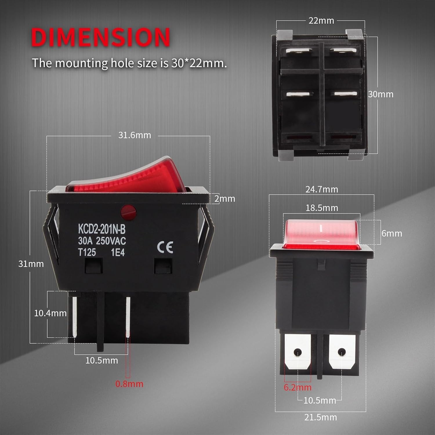 3PCS 30A 250V Heavy Duty KCD4 Rocker Switch ON Off DPST 4 Pin with Red Lighted 220V Toggle Electrical Equipment T125