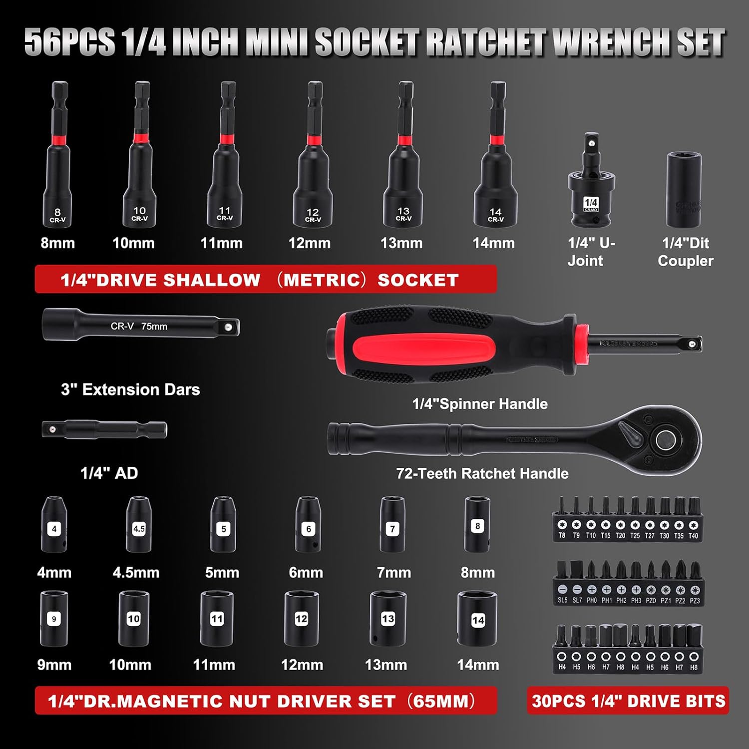 AIRTOON 54 Piece 1/4" Mini Socket Ratchet Wrench Set, Magnetic Nut Driver Set, Metric Shallow Socket (4-14mm), 6-Point, Mini Ratcheting Wrench, Screwdriver Bit, Universal Joints and 3" Extensions