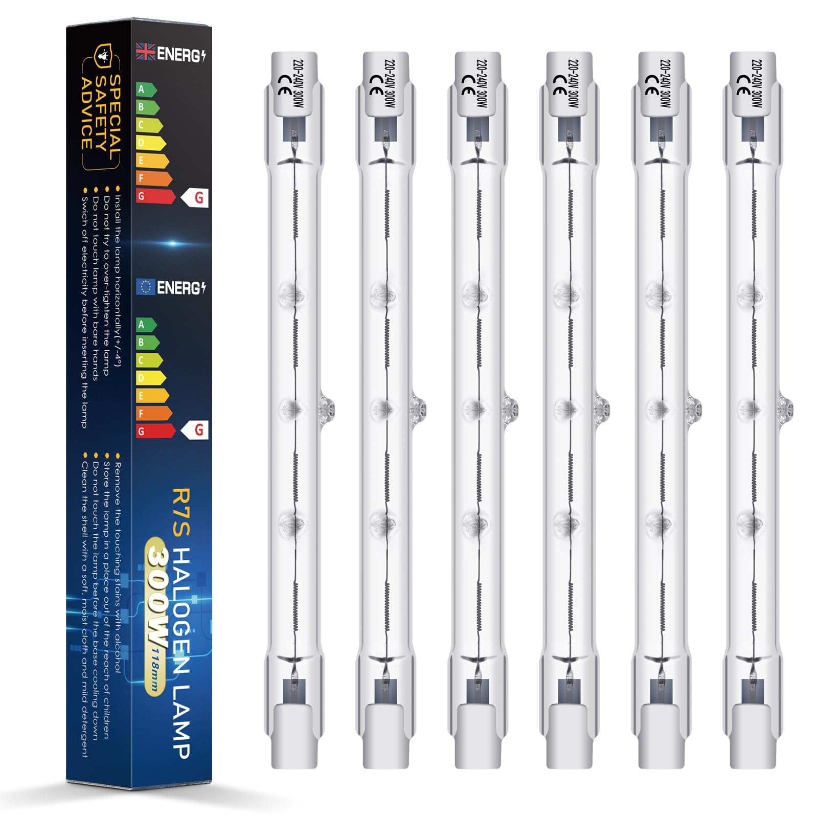 BROTOU 6 Pack Dimmable R7s Halogen Bulb 118mm, 300W 230V 4480LM 2800K Warm White J-Type Linear Light Bulb for Floodlight, Security, Landscape and Work Light (300W)