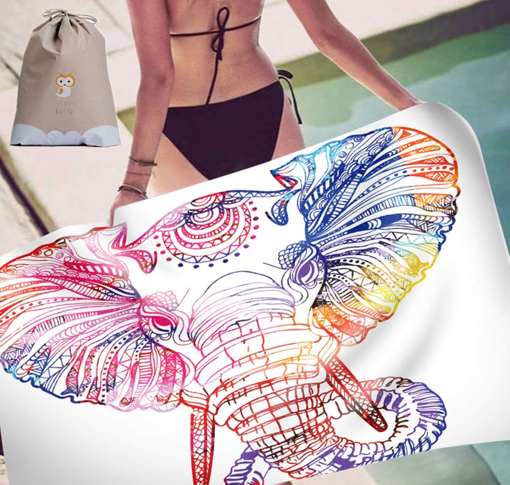 Fansu Men's J Beach Towel Microfibre Extra Large, Elephant Mandala Bohemia Rectangle Quick Dry Lightweight And Ultra Absorbentsport Gym For Wo & Children, Great For Beach (150 * 180Cm,)