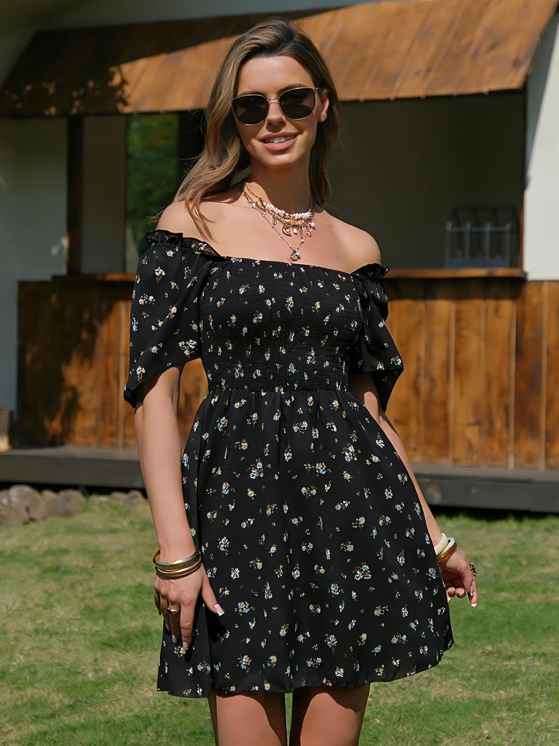 EXLURA Women's 2026 Summer Casual Square Neck Dresses Ruffle Short Sleeve Swiss Dot Flowy Mini Dress - Image 4