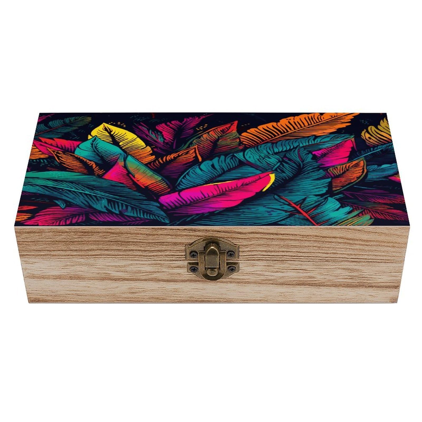 VstaDank Colorful Tropical Leaves Pattern Wooden Keepsake Box with Hinged Lid Solid Wood Gift Boxes Beautifully Keepsake Box Jewellery Organiser Retro Memory Treasure Case with Lids Decorative Boxes