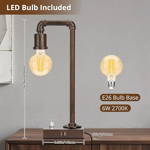 Miniatura 5 de Lámpara de mesa industrial para dormitorio, lámpara de noche totalmente regulable con puertos USB C+A, lámpara vintage con diseño de tubería de