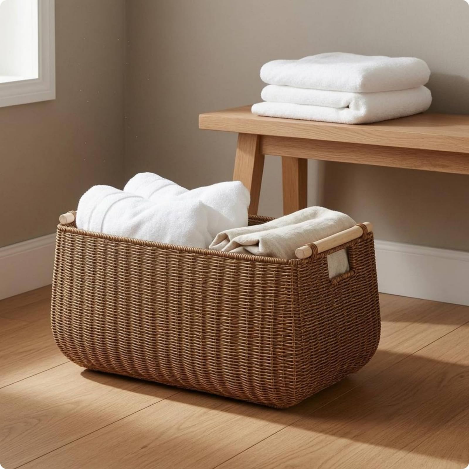 Cesto Rettangolare Aperto Intrecciato Cesto Portaoggetti Rettangolare Plastica Cesta in Finto Rattan, Marrone Scuro, 50 35/46 30 27cm