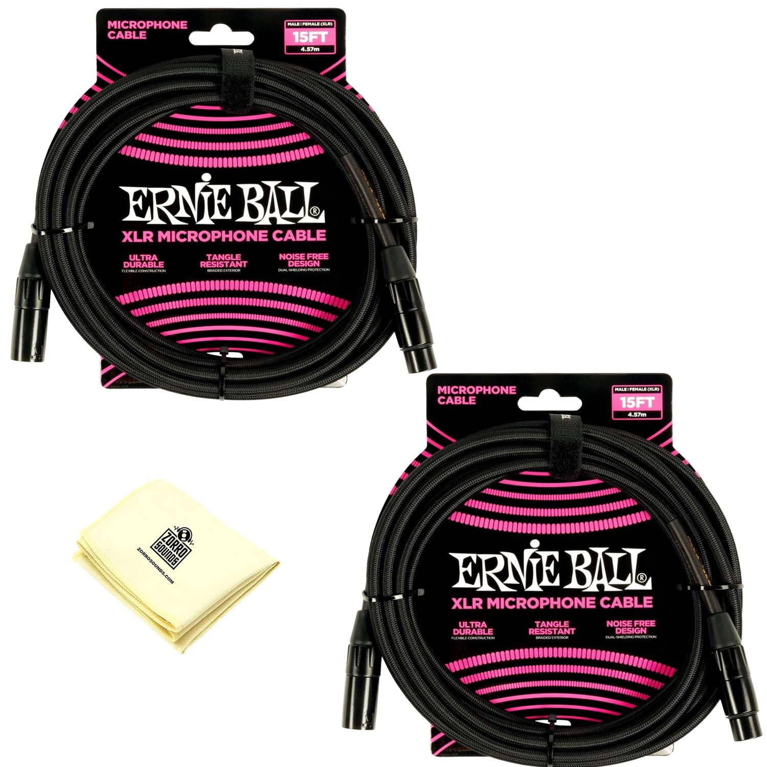 Ernie Ball Geflochtenes XLR-Mikrofonkabel mit Zorro Poliertuch in Schwarz, 2 Stück (Schwarz, 4,5 m) P06391