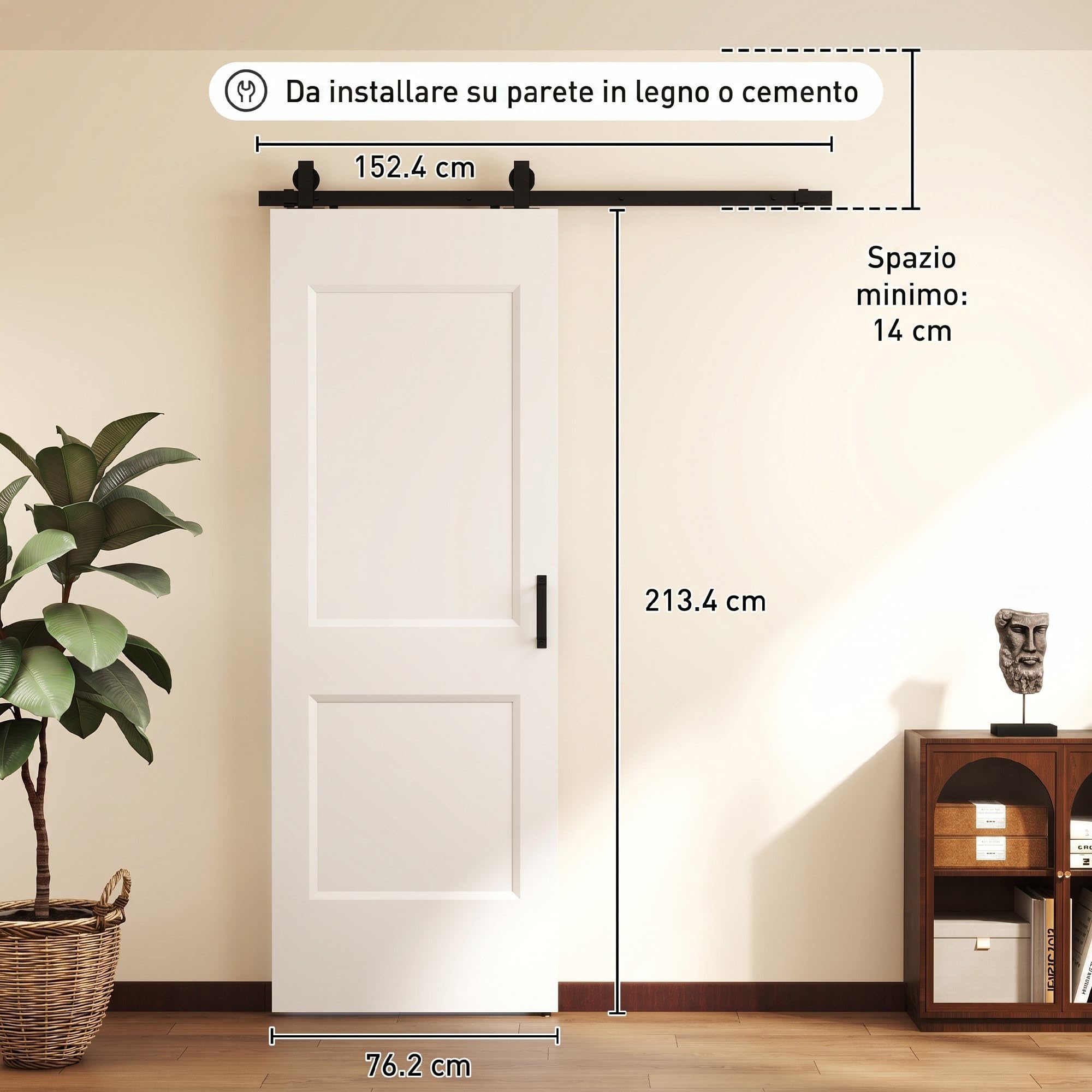HOMCOM Porta Scorrevole Interna 76.2x213.4cm, Superficie Verniciata, Binario Silenzioso Acciaio, Maniglia Migliorata, Kit Ferramenta, Porta Interno Stile Industriale, in Legno Pino, Cucina, Soggiorno