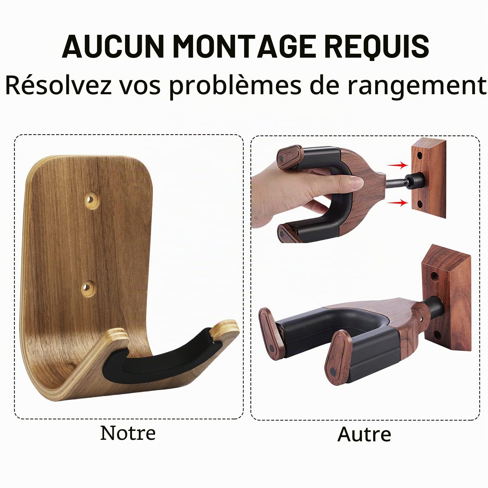 Support Mural pour Guitare, Support de Crochet de Guitare en Bois avec Vis et Adhésif pour Ukulélé, Basse, Guitare Acoustique et électrique,Guitare