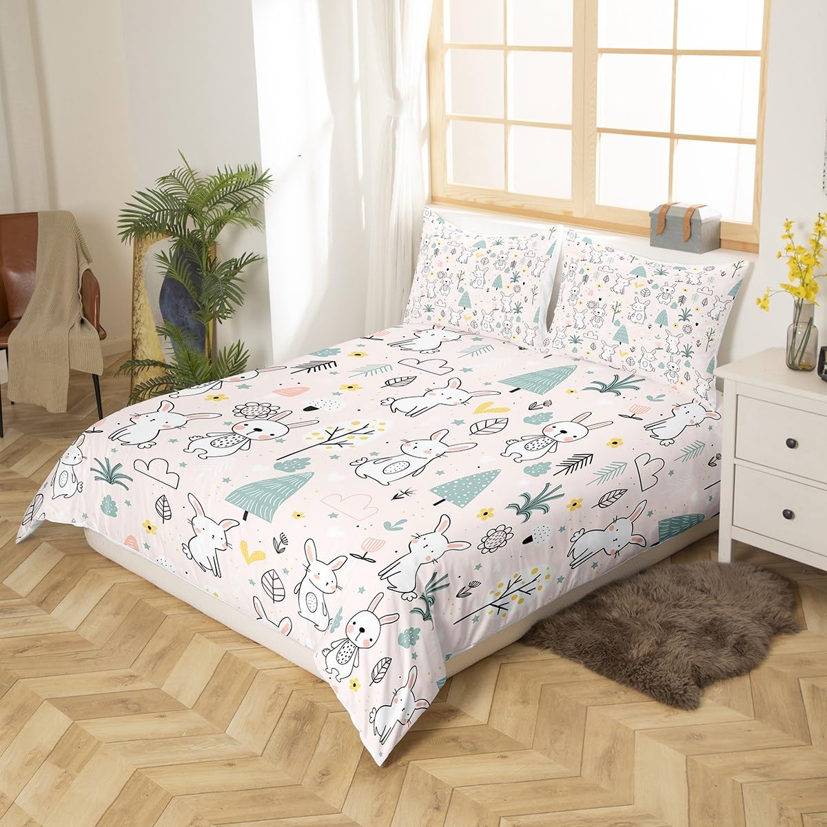 Homemissing Cute Rabbit Bedding Set Cartoon Bunny Duvet Cover Kawaii Animal Single Comforter Cover for Kids Boys Girls Botanical Plant Bedspread Cover Lightweight Bedclothes - Image 3