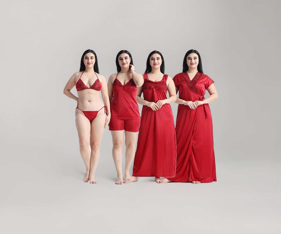 Satin 6 Piece Coral Pink Nightwear Set - Image 1