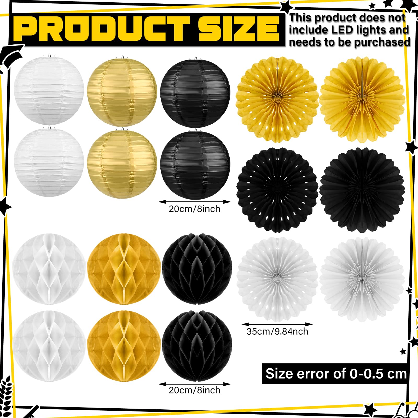 Raiten 18 Pcs Happy New Year Party Decorations Kit Black Gold and Sliver Paper Lanterns Black Gold White Hanging Round Paper Fans Hanging Honeycomb Ball for Birthday Wedding New Year Eve Party Supply