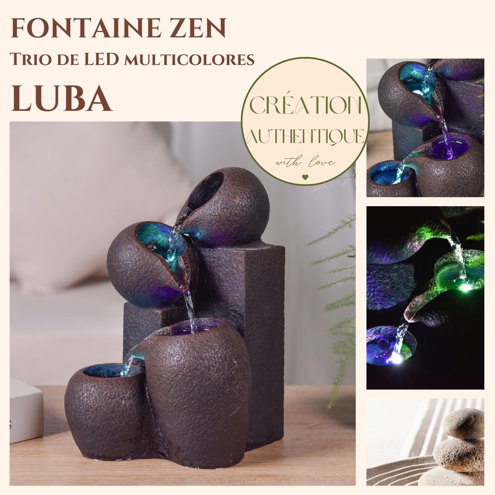 Fontana interna a cascata a 4 livelli, effetto pietra naturale, luce LED colorato, decorazione per interni Zen ed elegante, fontana da tavolo, idea regalo eccezionale, H 25 cm – Luba Zen'Light