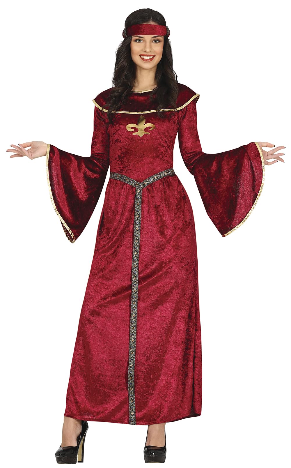 FIESTAS GUIRCA Medieval Queen Fancy Dress Costume - Dark Red Medieval Princess Dress with Gold Trim Historical Costume for Ladies Size M