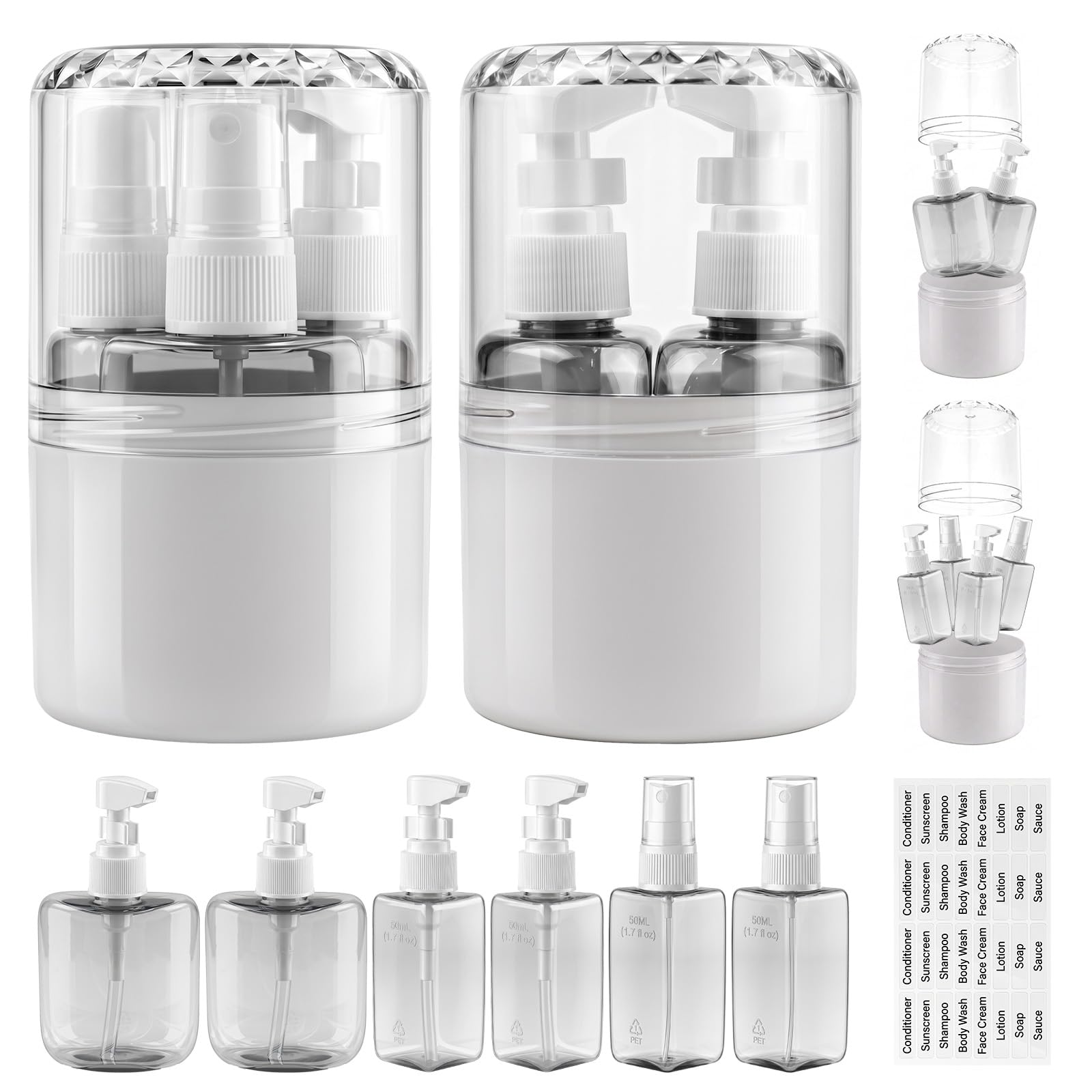 4-in-1 + 2-in-1 Reisespender Set, 4 x 50 ml /2 x 100 ml Dunkle Reiseflaschen zum Befüllen, inkl. 4 Pumpspender + 2 Sprühflasche, Auslaufsicher für Shampoo und Kosmetik, für Flugreisen Reise Büro
