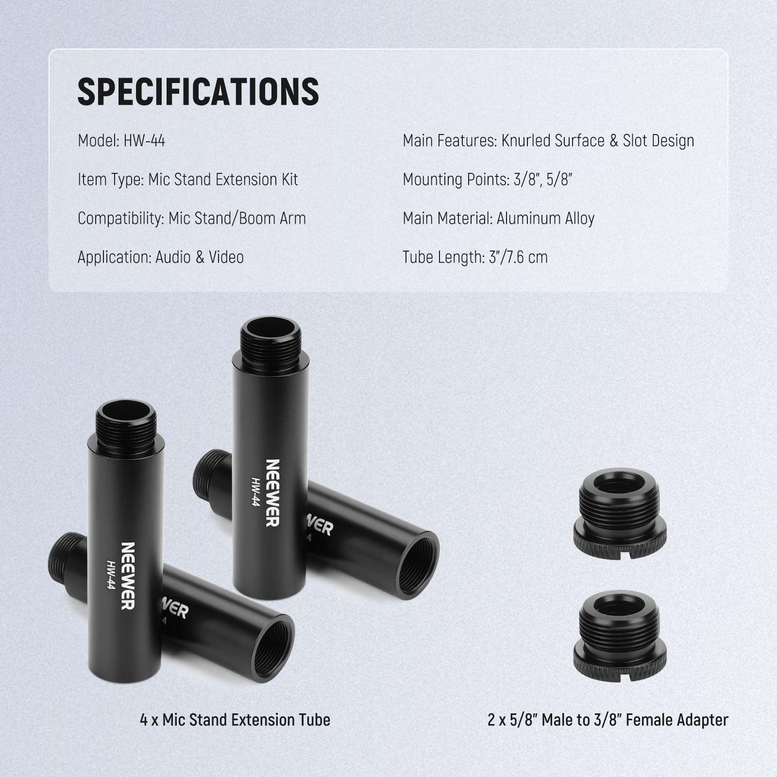 NEEWER Kit Accessori per Estensione di Supporto Mic (6 Pezzi), Tubi di Prolunga per Asta Microfono in Lega Alluminio e Adattatori da 5/8" Maschio a 3/8" Femmina per Braccio da Tavolo Boom Arm, HW-44