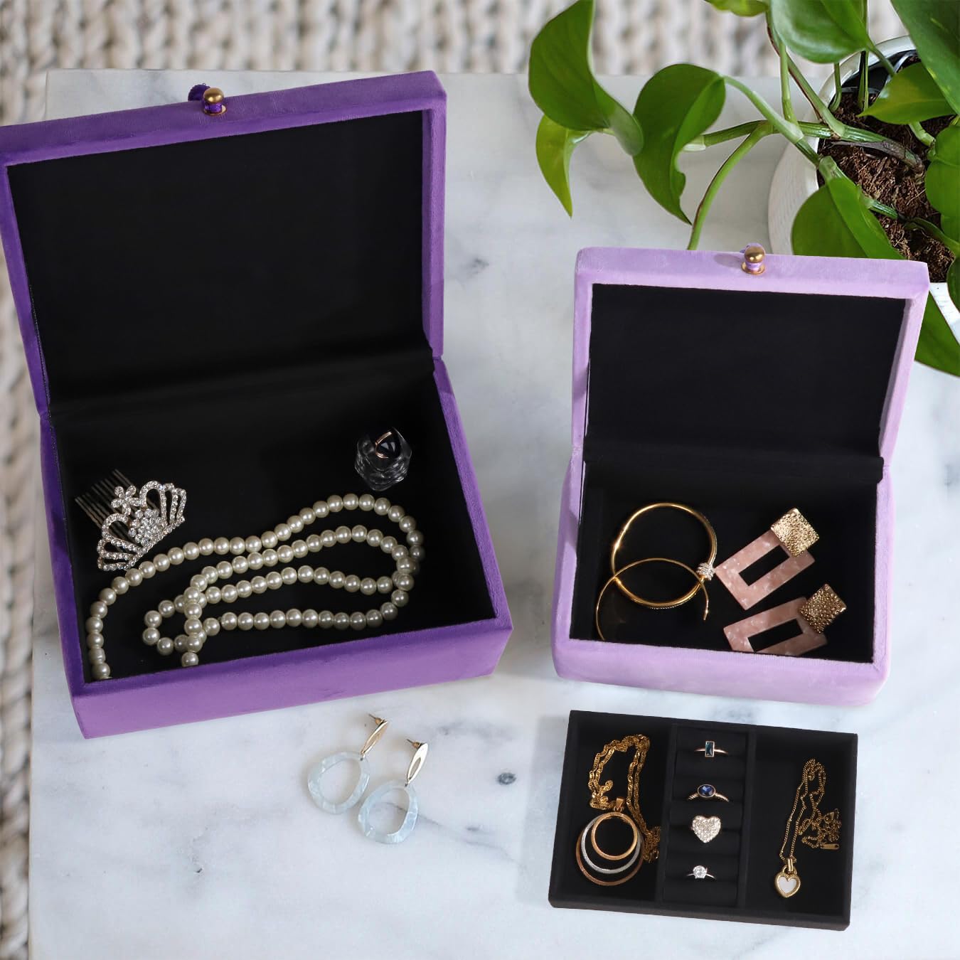 HofferRuffer Samt-Schmuckkästchen, dekorative Boxen, Aufbewahrungsboxen, Zubehör-Organizer-Boxen mit elegantem Griff-Dekor, klassisches Samt-Set, 2 Stück (lila)