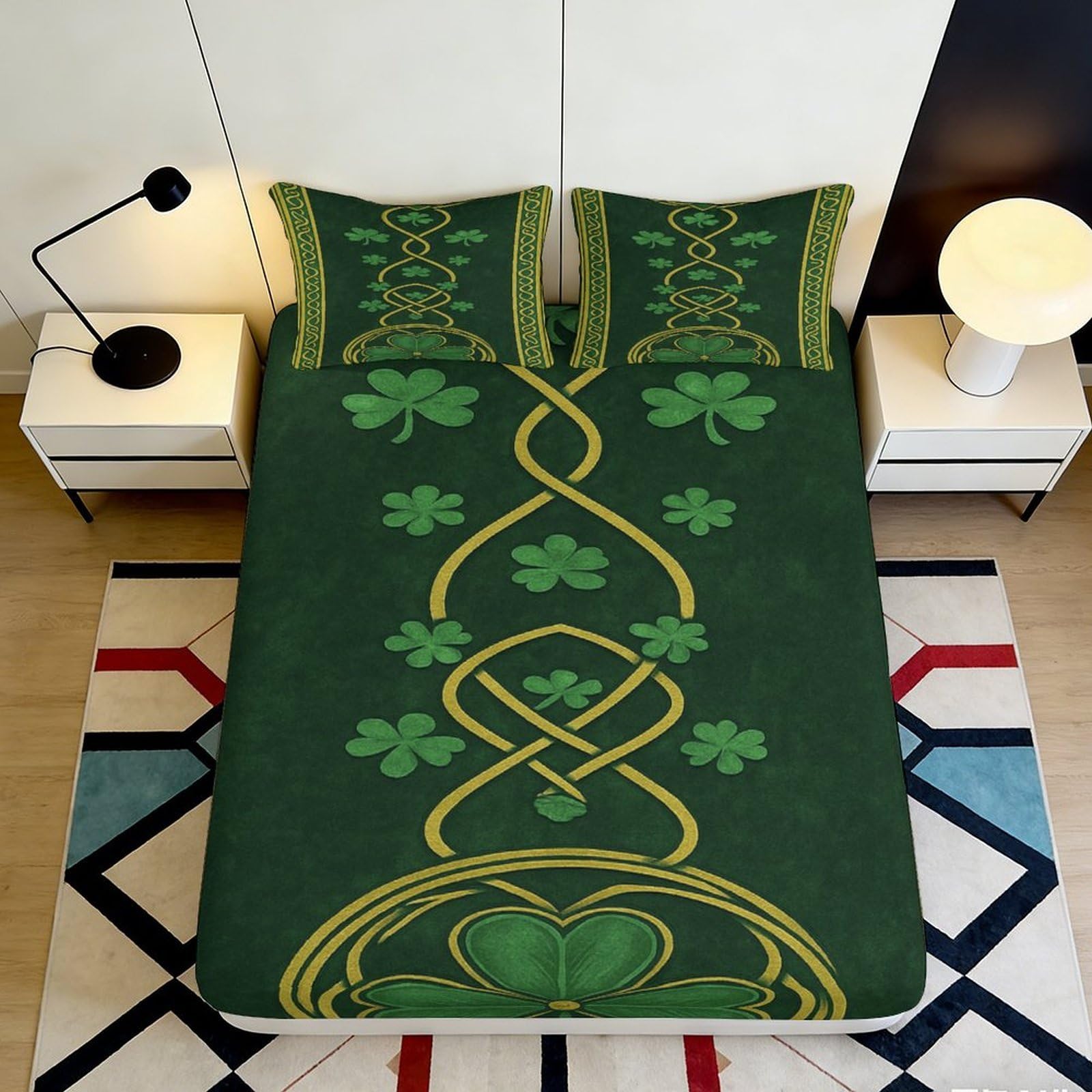 3D Printed Celtic Knot Fitted Sheet Microfiber Green Shamrock Mattress Cover Non Slip for Bedroom Guest Room Decor 90x200x25cm